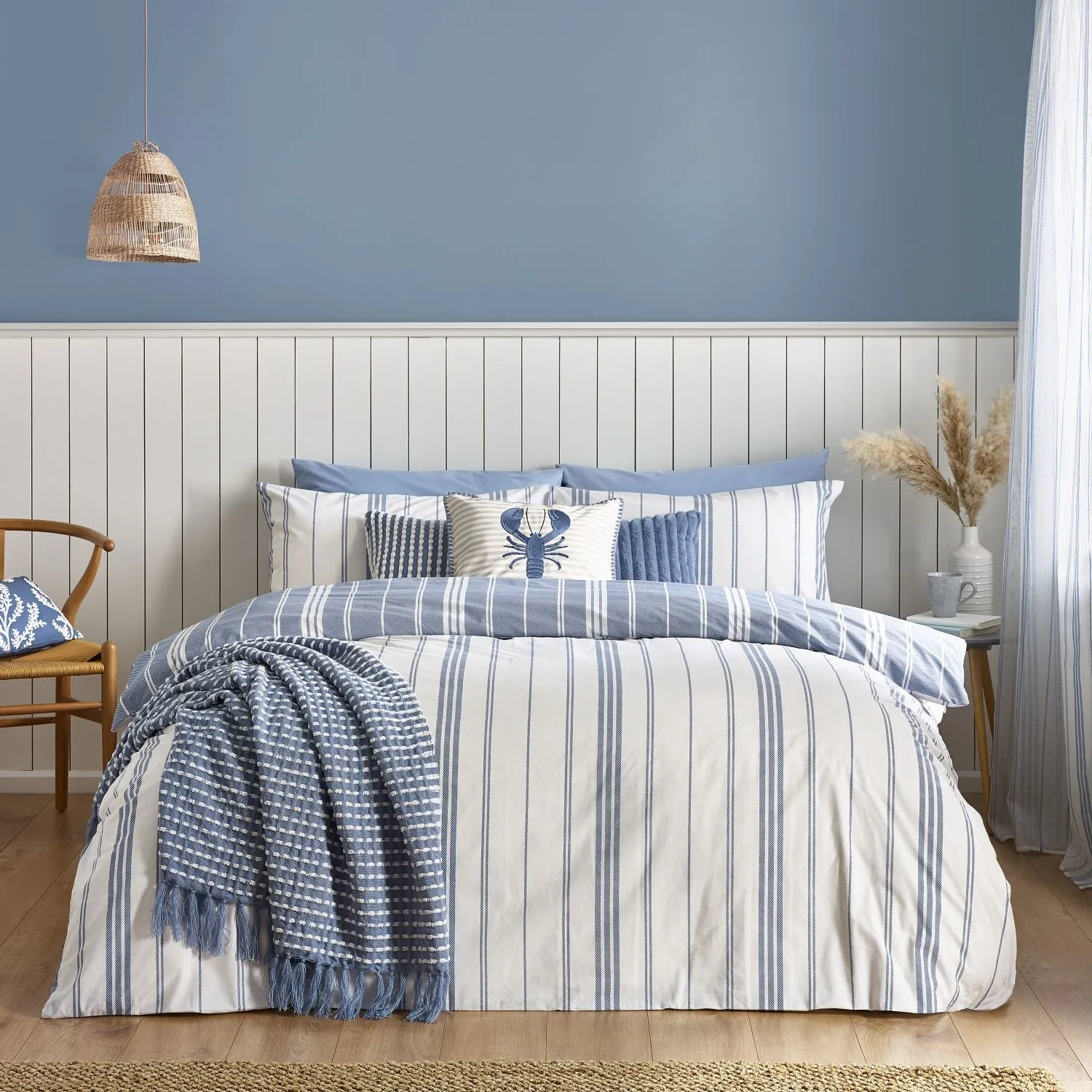 Single Duvet Set Reversible - Blue, Cotton Blend