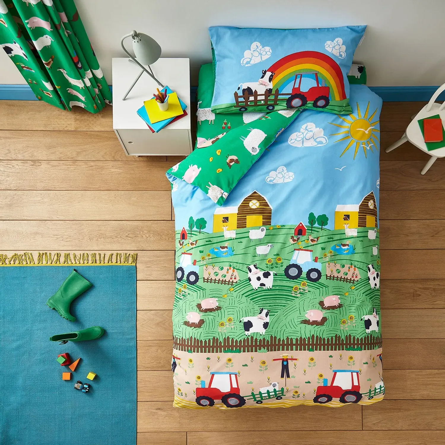 Single Duvet Set Reversible - Blue, Cotton Blend