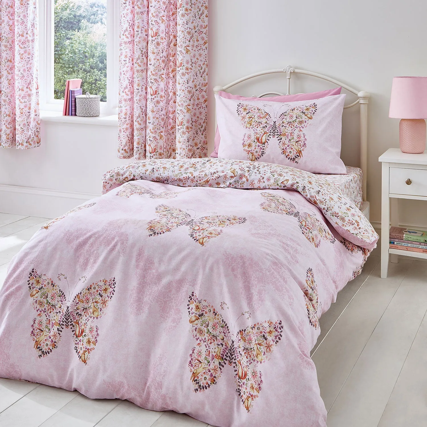 Single Duvet Set Reversible Butterfly - Pink