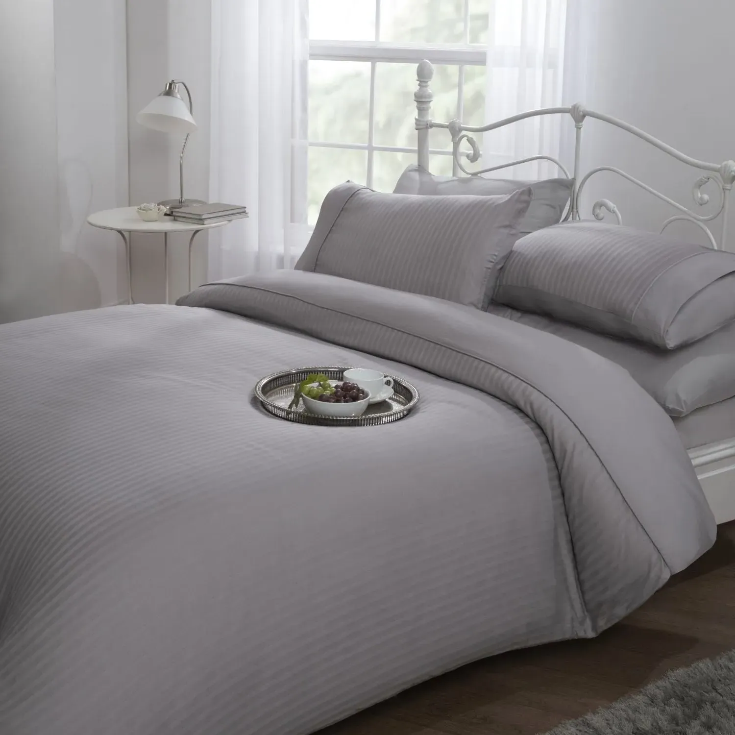 Single Duvet Set Satin Stripe - Grey, Cotton