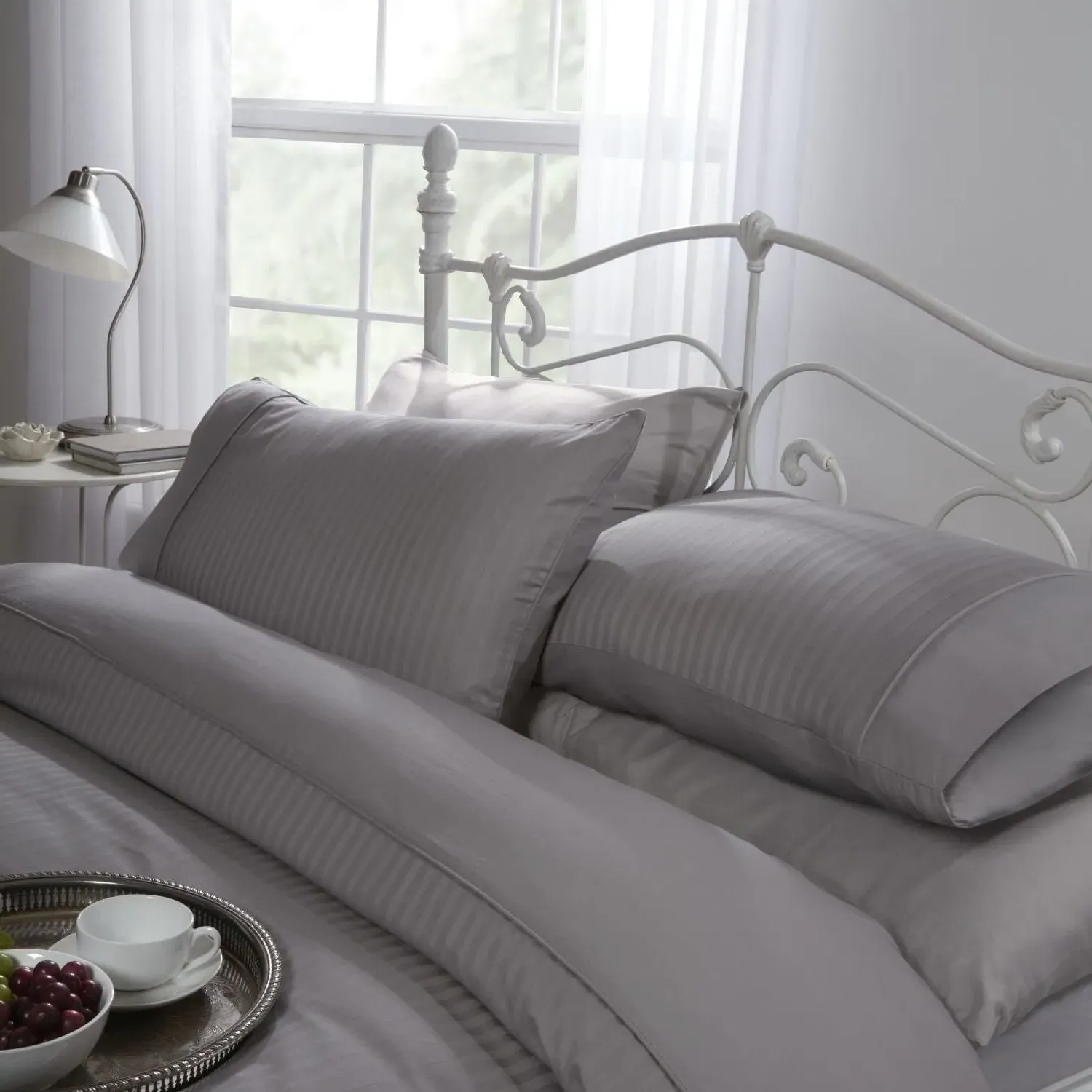 Single Duvet Set Satin Stripe - Grey, Cotton