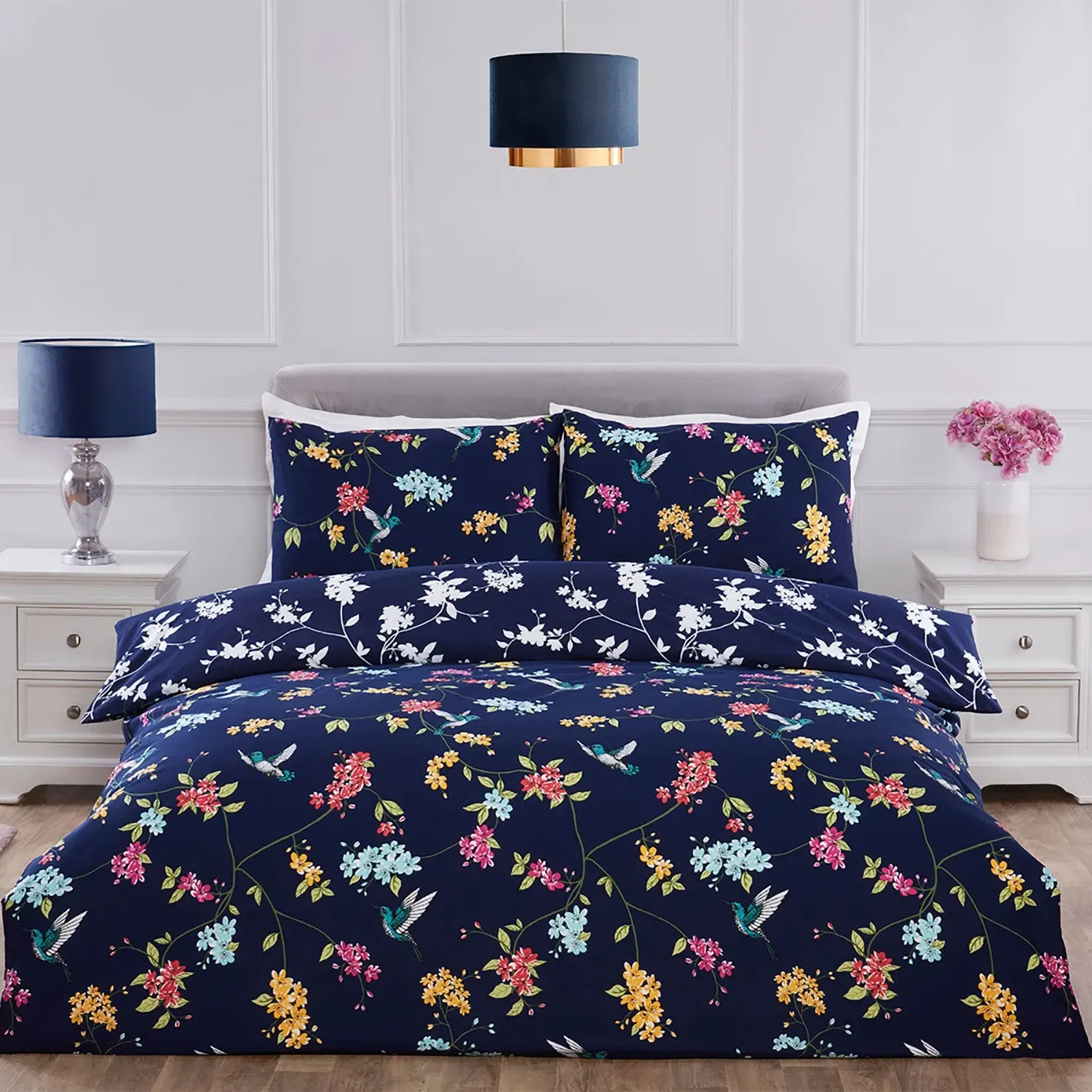 Single Duvet Set Tropical Bird - Navy Blue