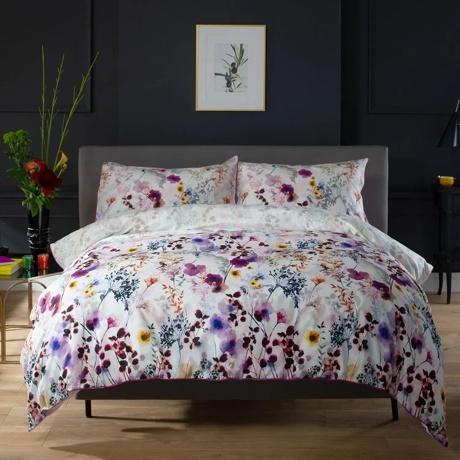 Single Duvet Set Watercolour Floral - Purple, Cotton