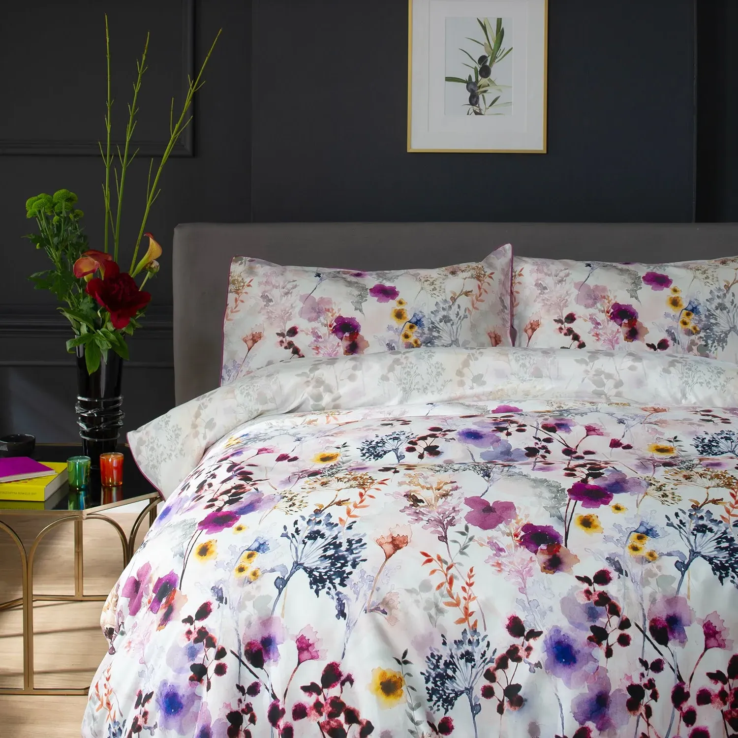 Single Duvet Set Watercolour Floral - Purple, Cotton image
