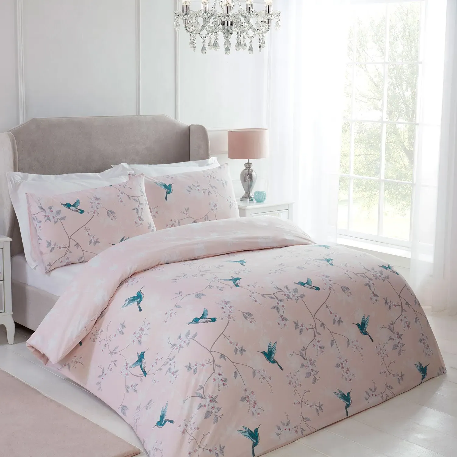 Single Duvet Set with Floral Print - Pink, Cotton image