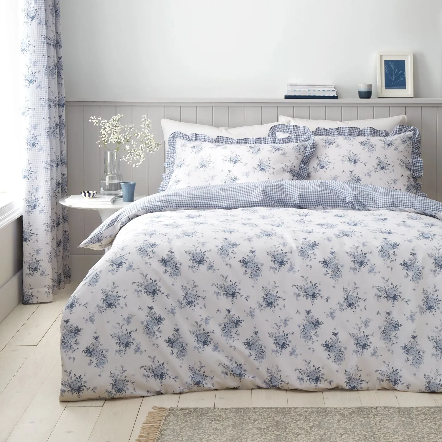 Single Duvet Set with Frill - Blue, Cotton