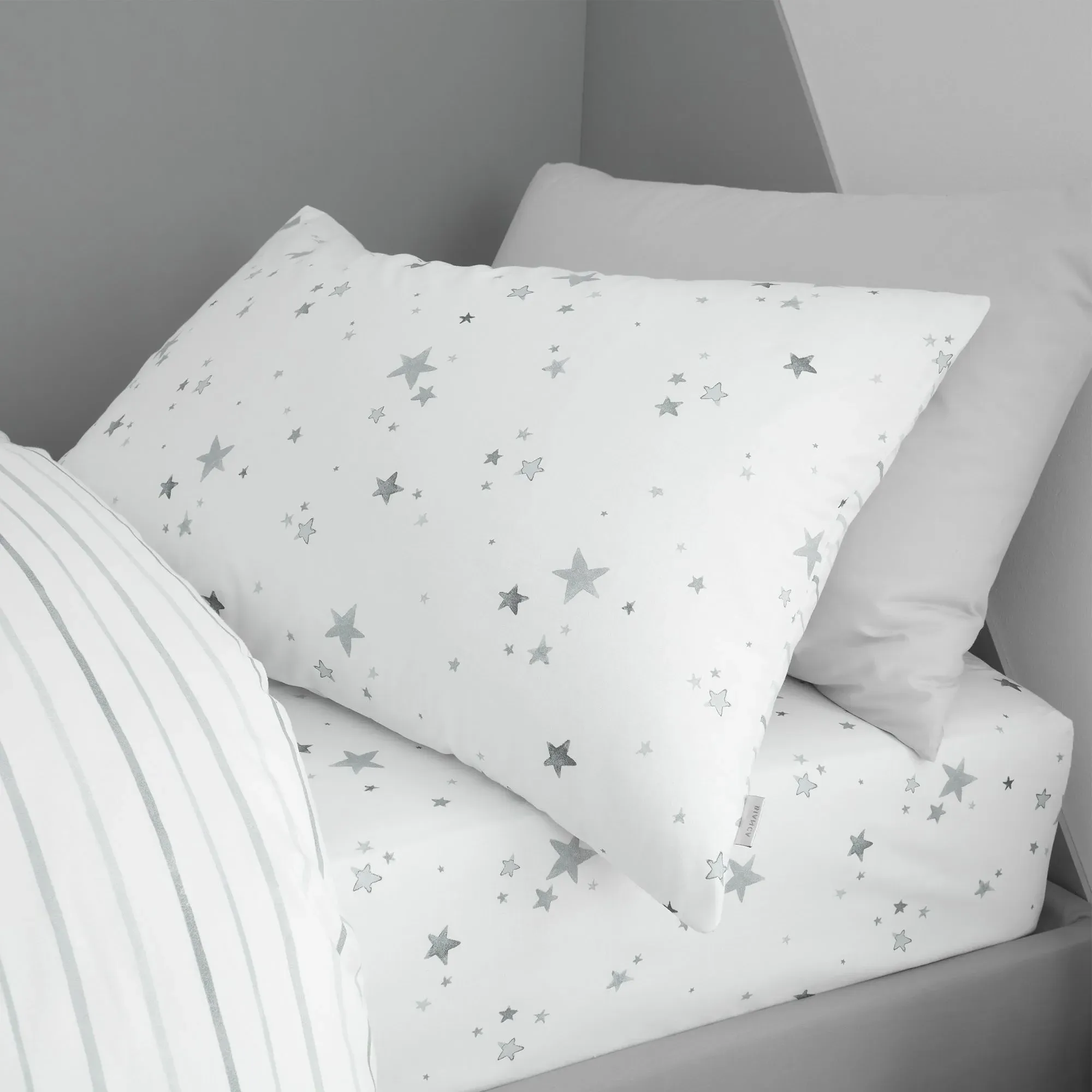 Single Duvet Set with Stars - Grey, Cotton