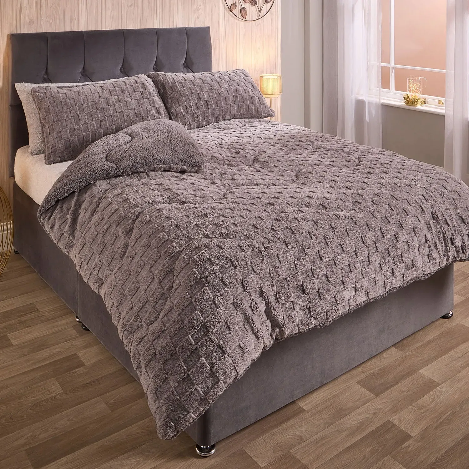 Single Fleece Waffle Duvet Set - Grey
