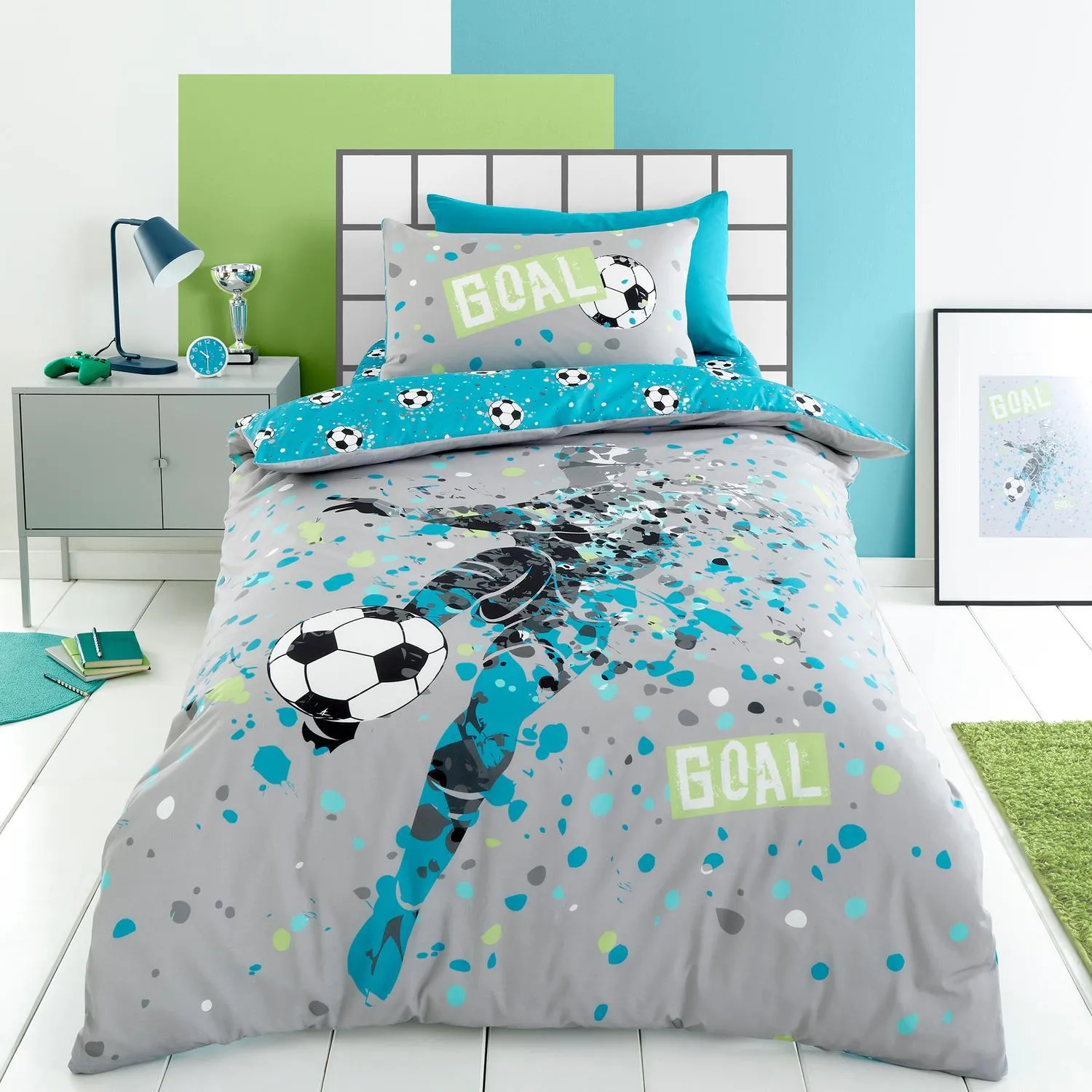 Single Football Reversible Duvet Set - Grey, Cotton