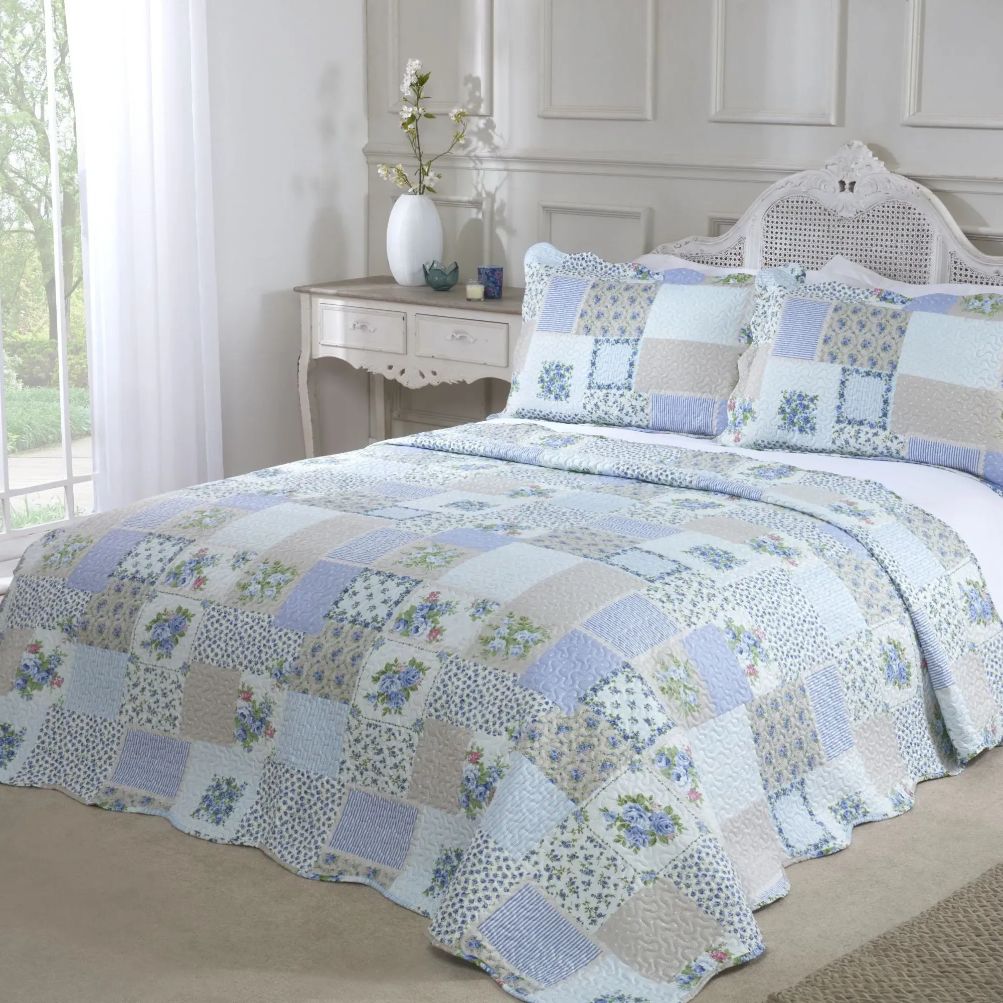 Single Quilted Bedspread Set - Blue, Microfiber
