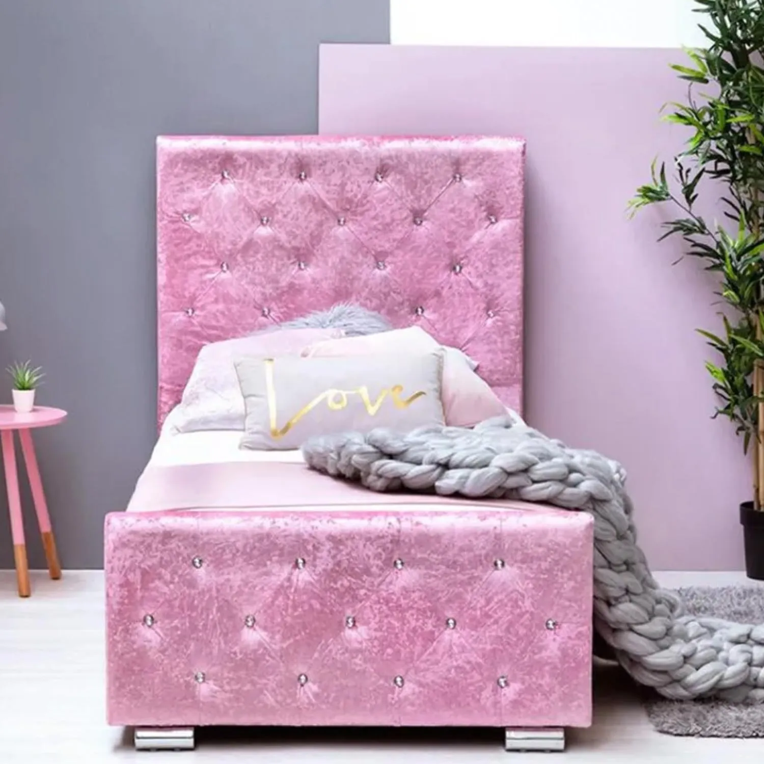 Single Storage Bed with Crystals - Pink, Velvet