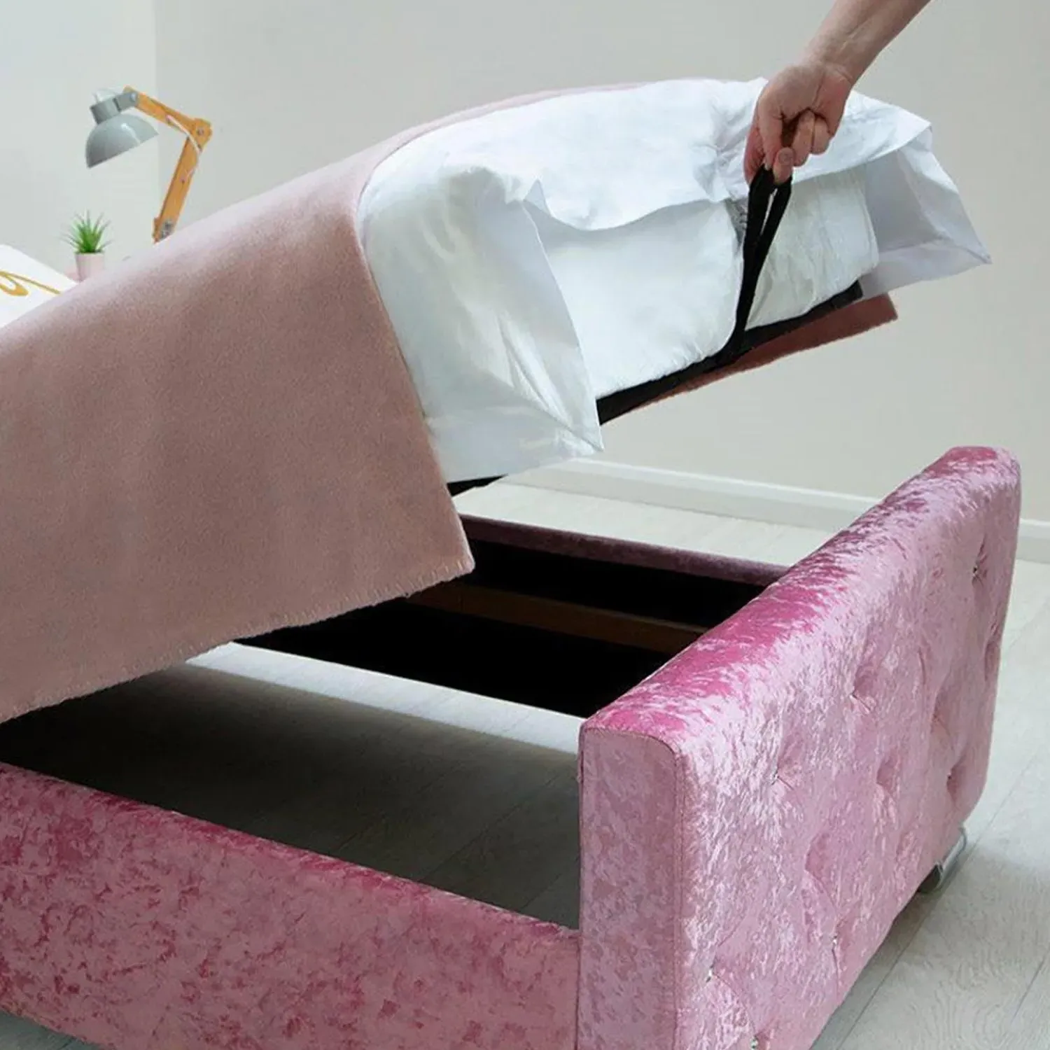 Single Storage Bed with Crystals - Pink, Velvet image