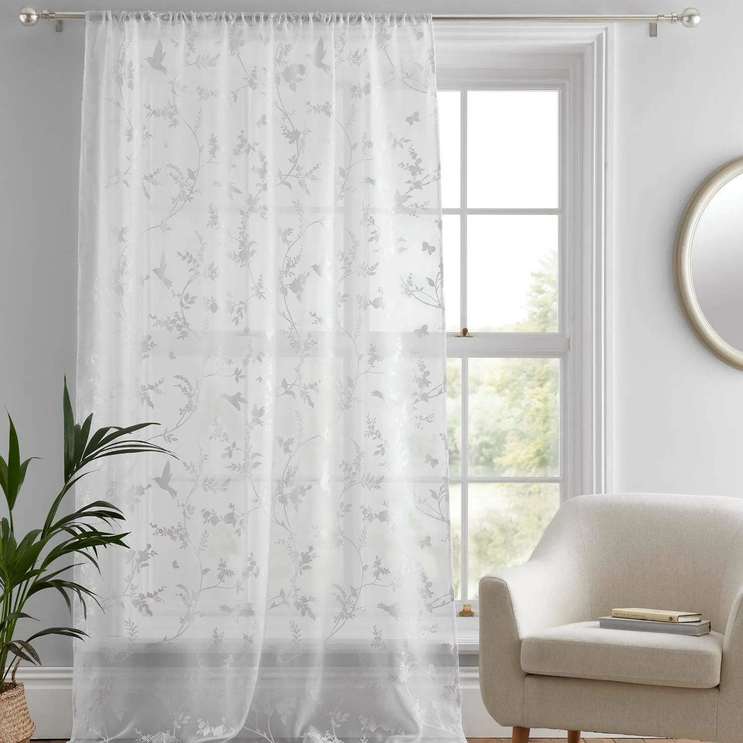 Single Voile Panel with Bird Print - White