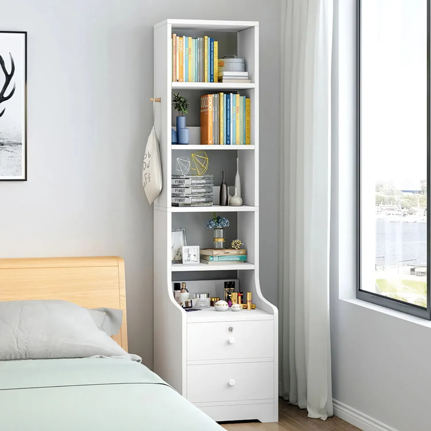 Slim 5-Tier Bookshelf with Lockable Drawers - White product