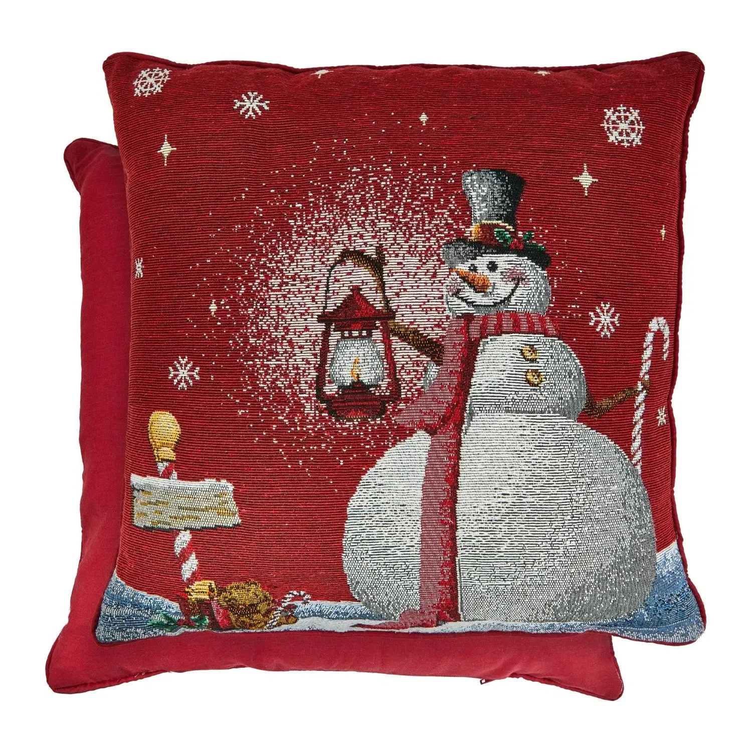 Snowman Tapestry Cushion Cover Pair - Red