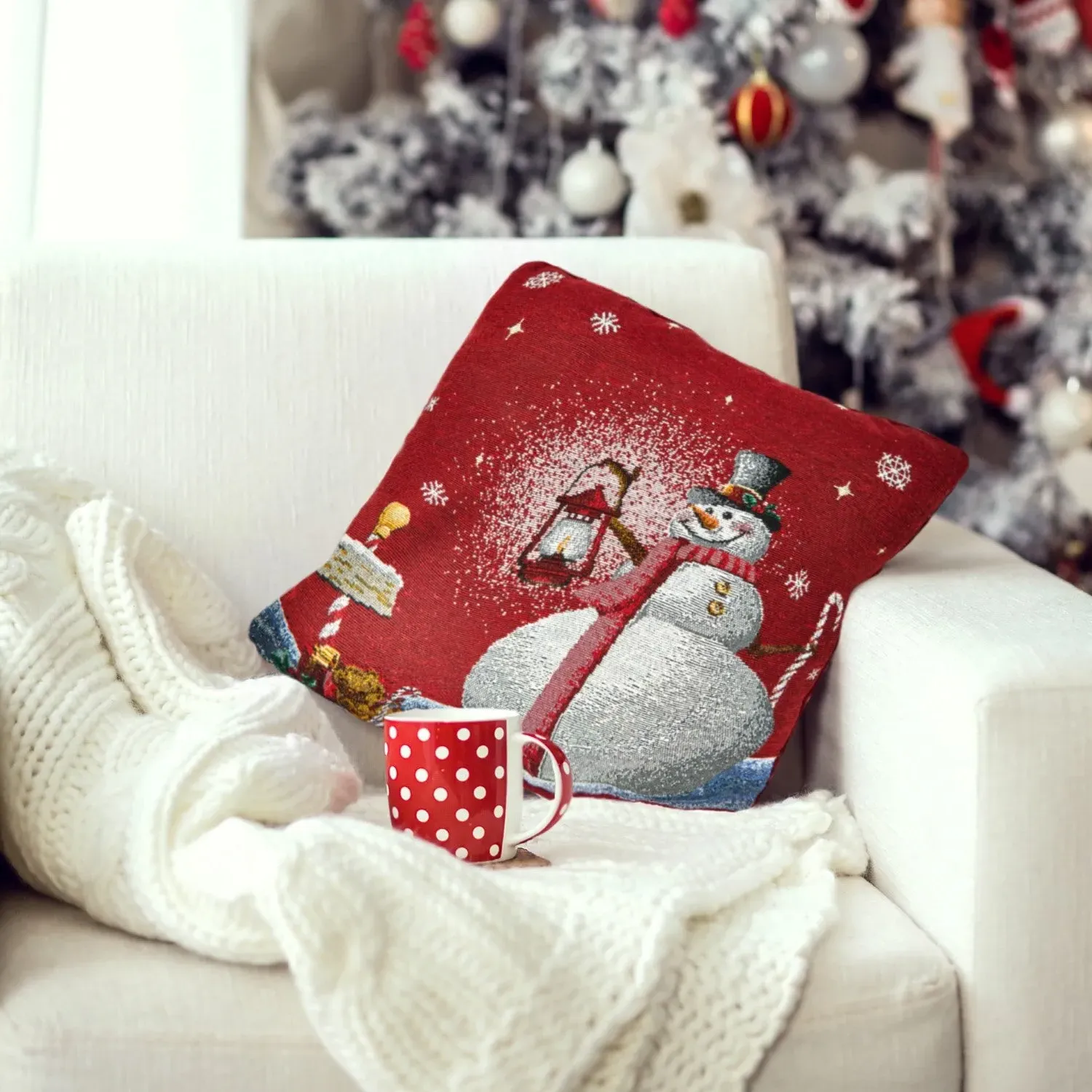 Snowman Tapestry Cushion Cover Pair - Red image