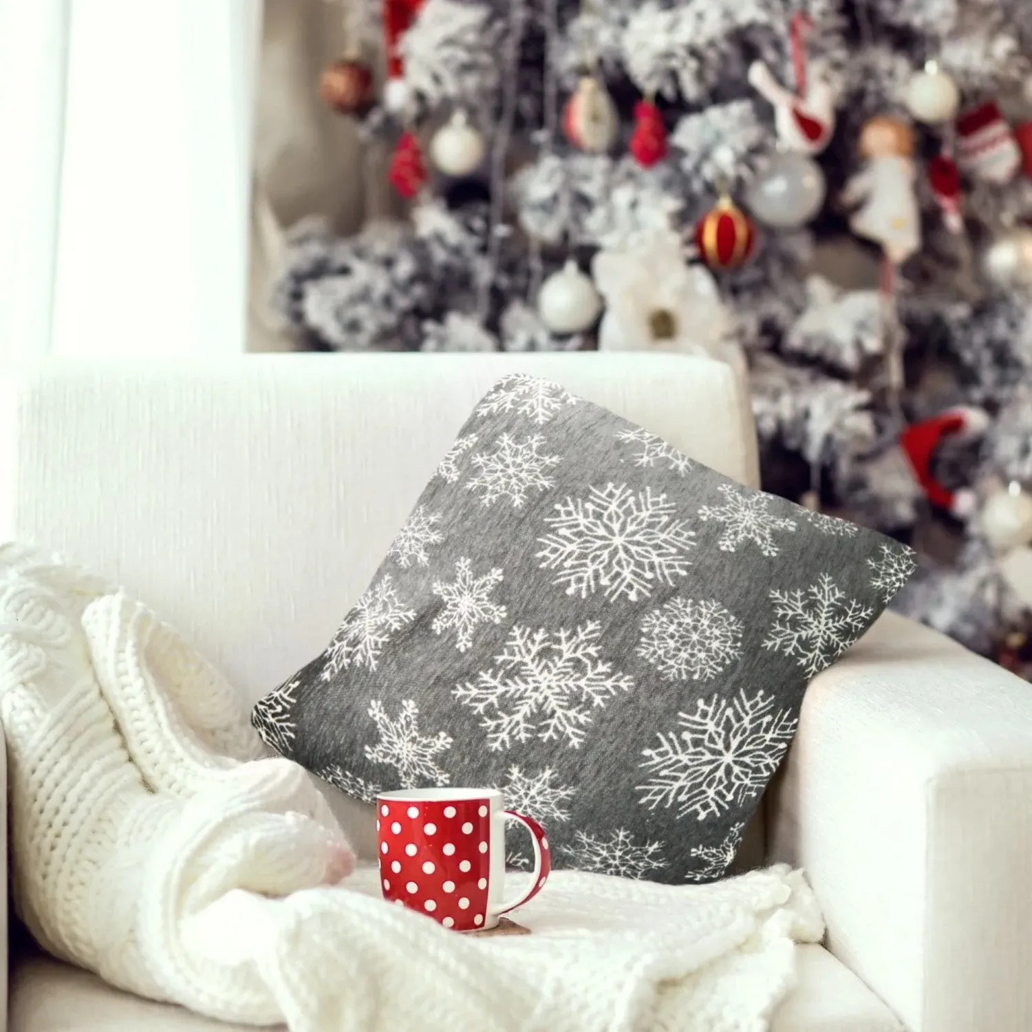 Sparkling Snowflakes Cushion Cover Pair - Grey, Chenille by Julian Charles, alternate view