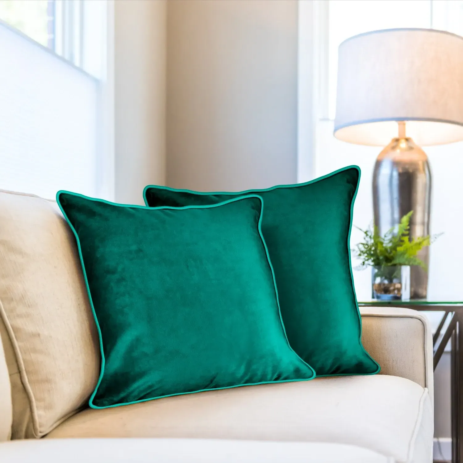 Square Cushion Cover Pair - Green, Velvet