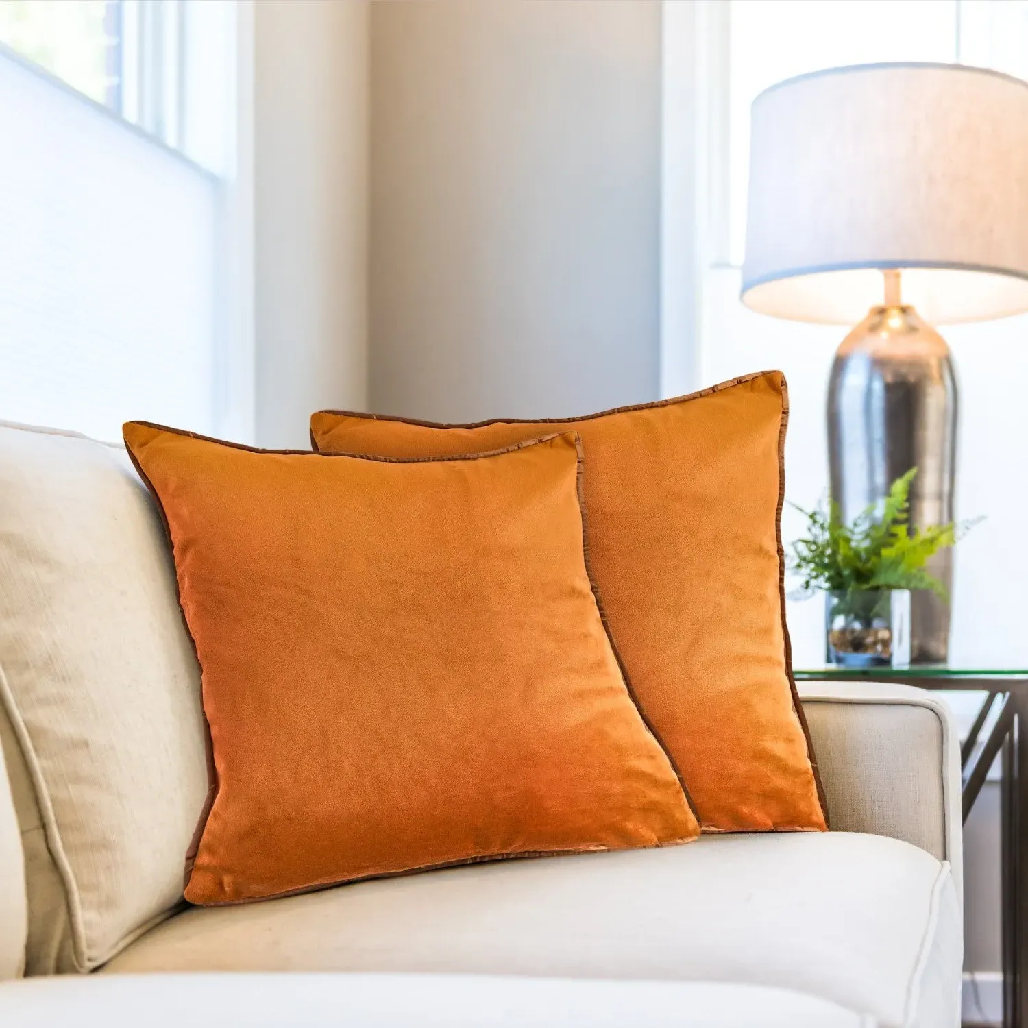 Square Cushion Cover Pair - Orange, Velvet