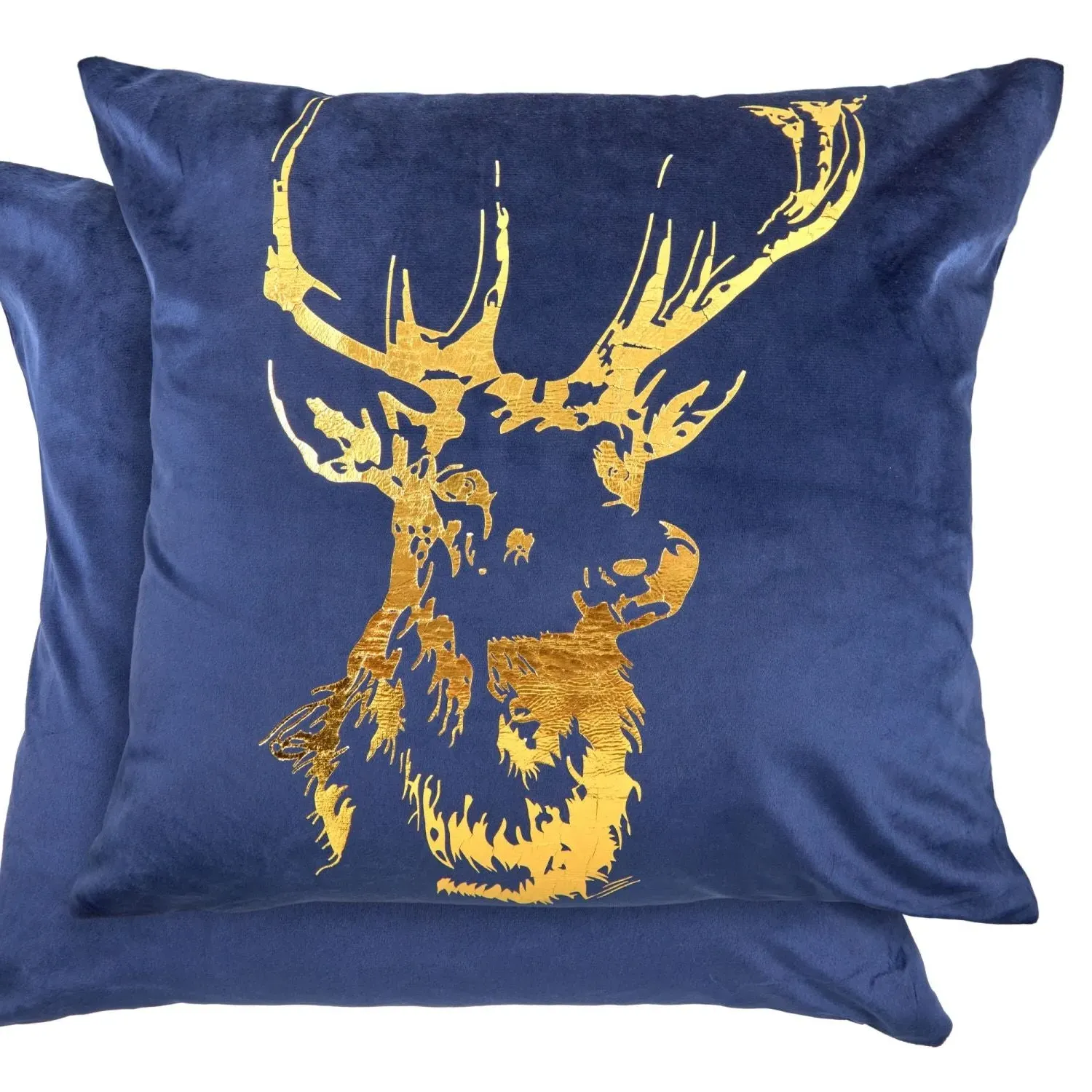Square Cushion Cover Pair with Stag - Blue, Velvet