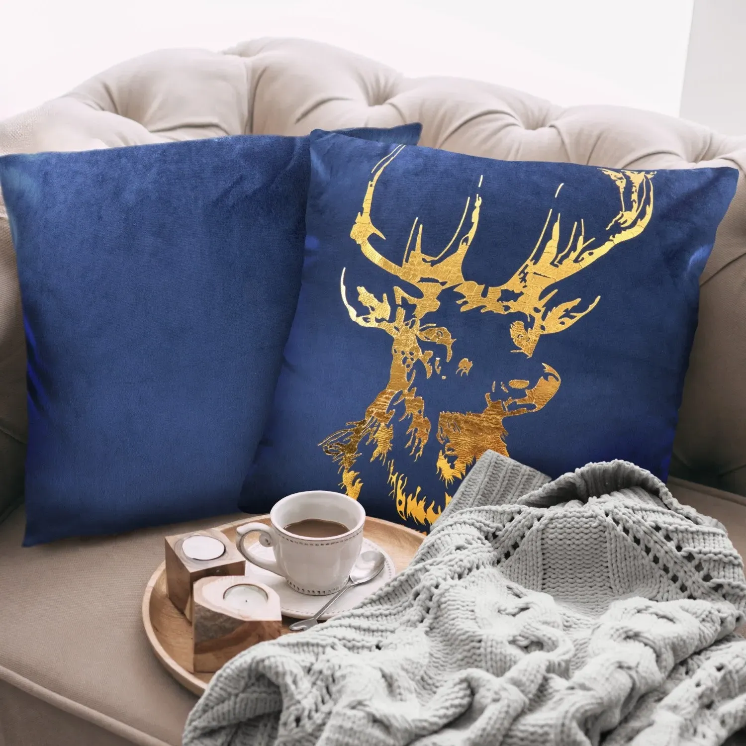 Square Cushion Cover Pair with Stag - Blue, Velvet image