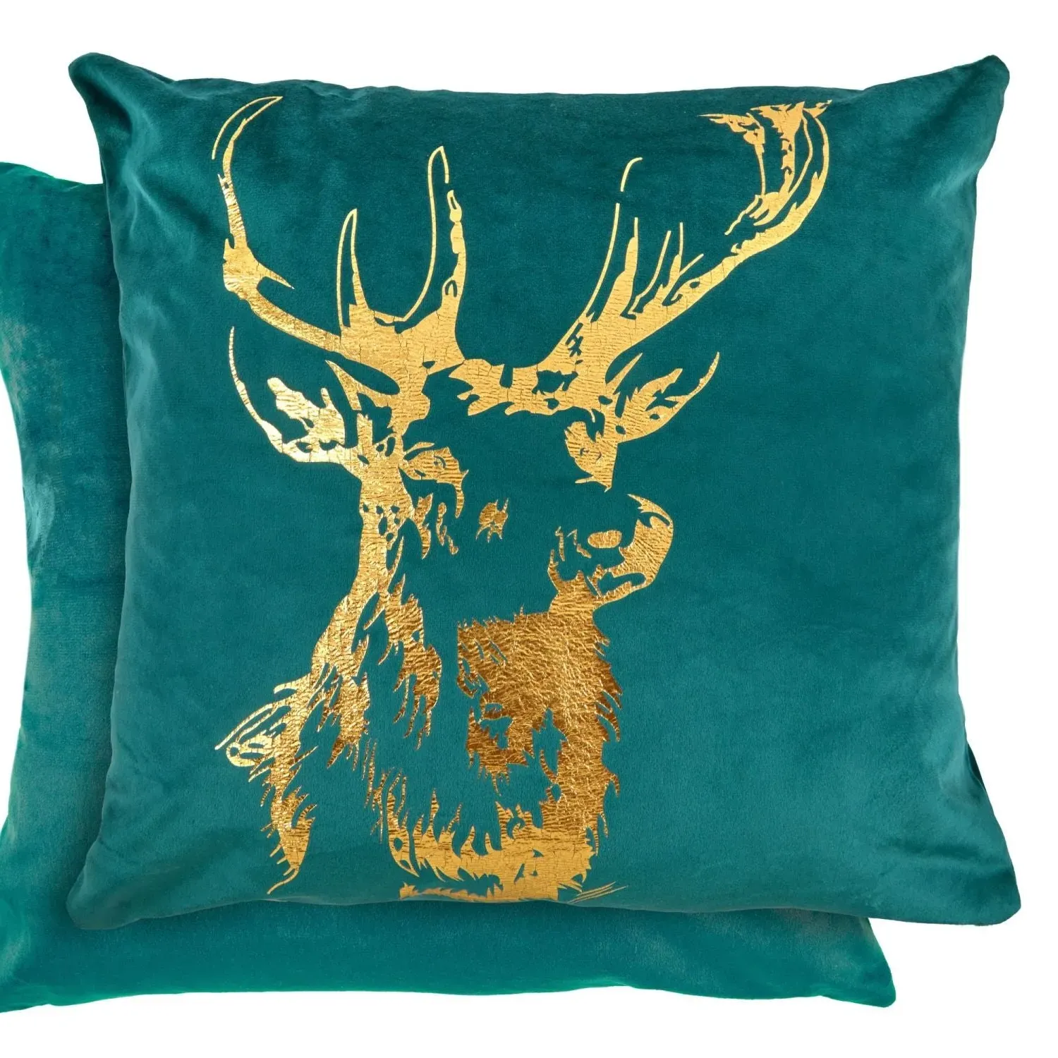 Square Cushion Cover Pair with Stag - Green, Velvet