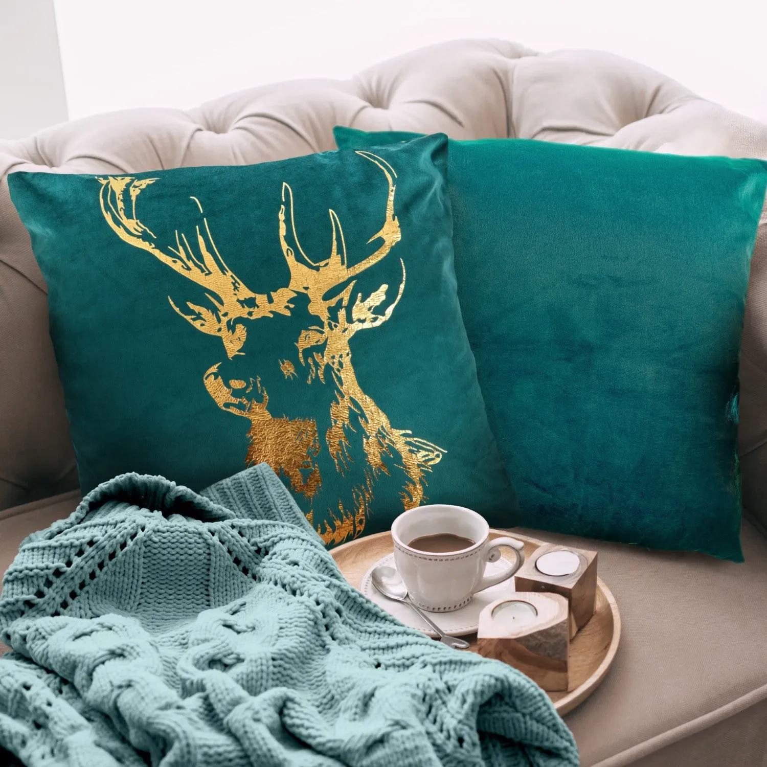 Square Cushion Cover Pair with Stag - Green, Velvet