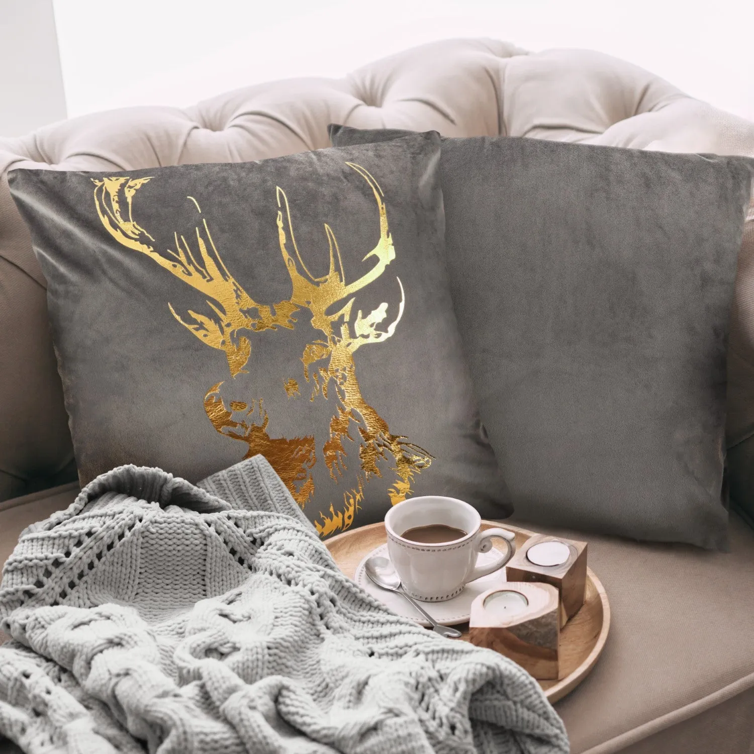 Square Cushion Cover Pair with Stag - Grey, Velvet