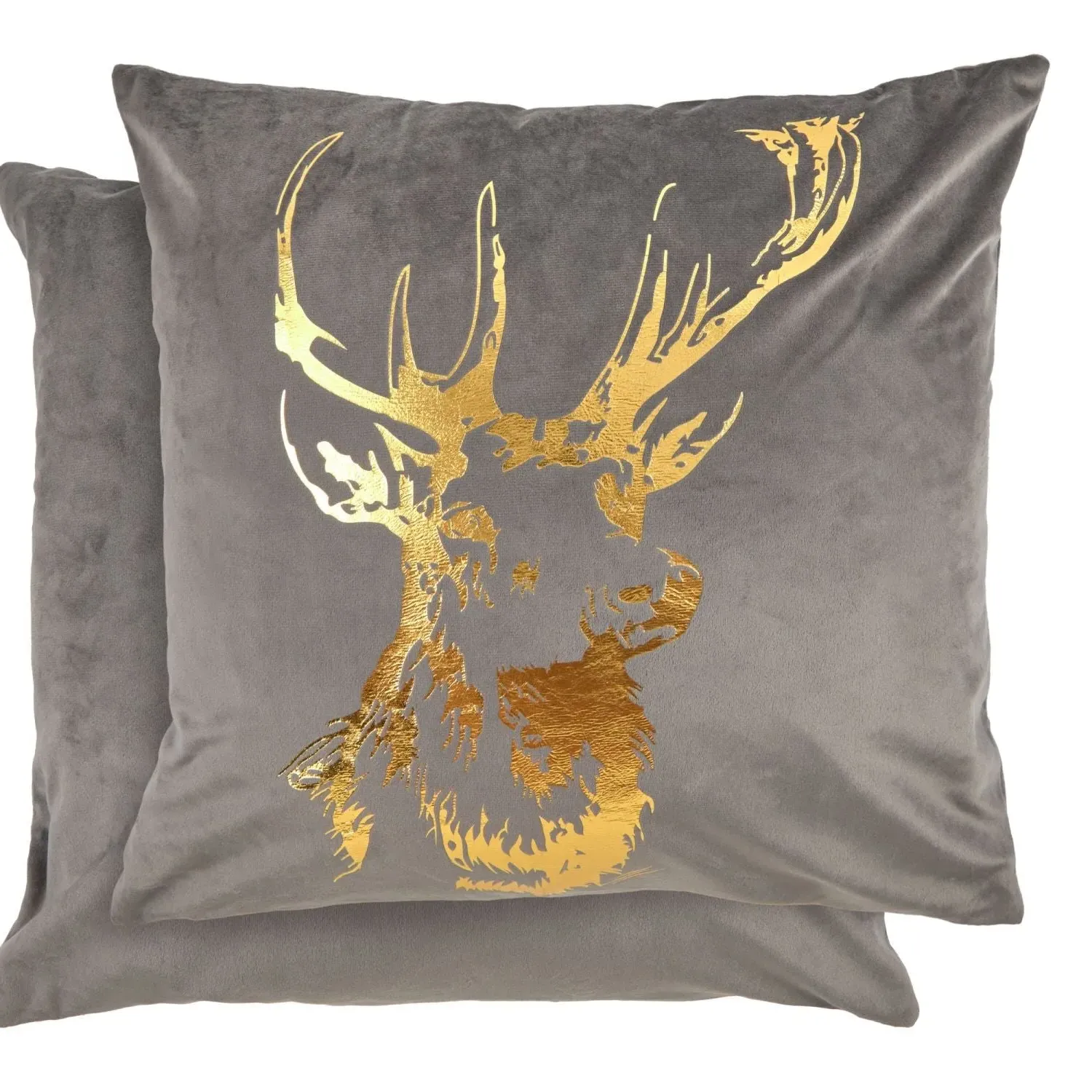 Square Cushion Cover Pair with Stag - Grey, Velvet