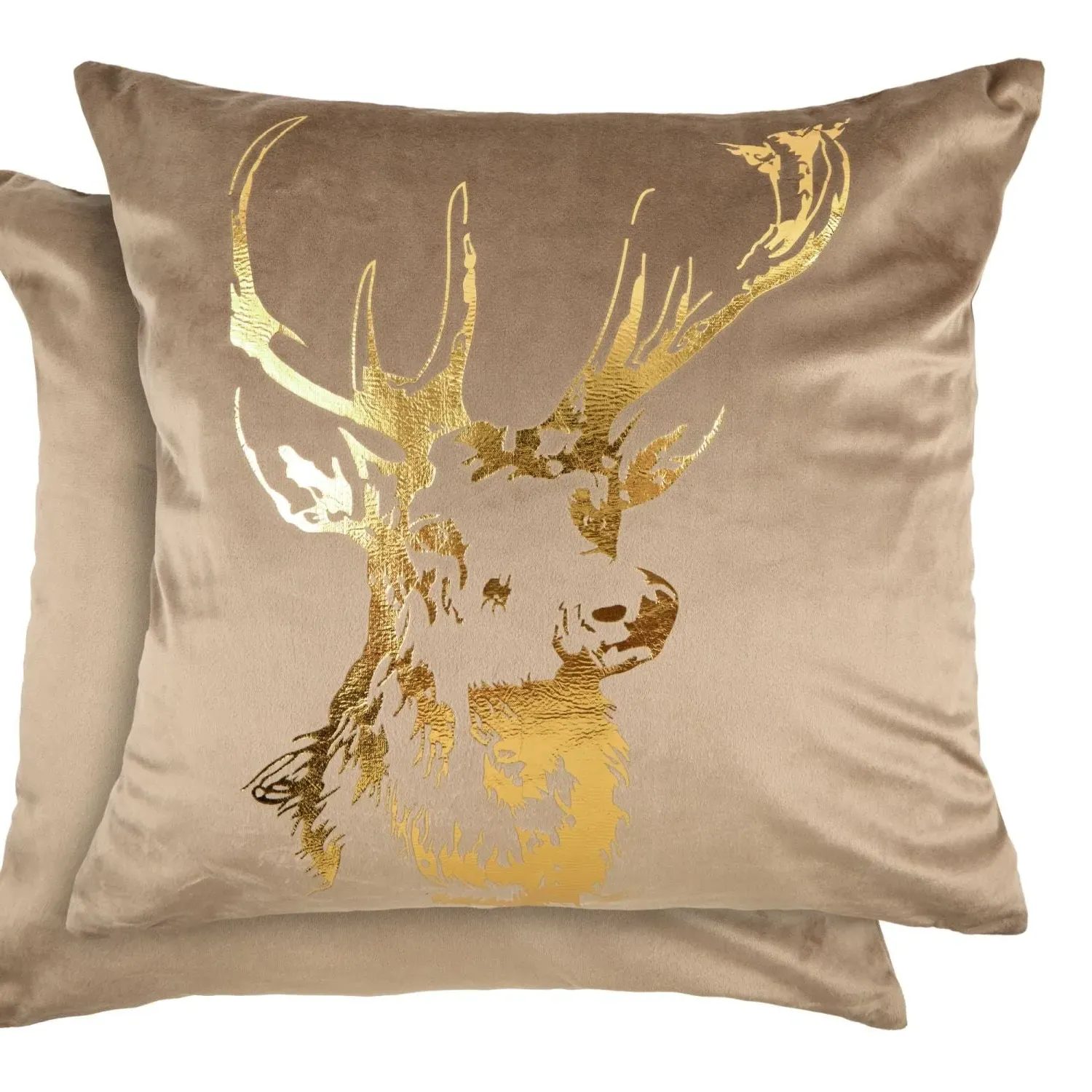 Square Cushion Cover Pair with Stag - Natural, Velvet