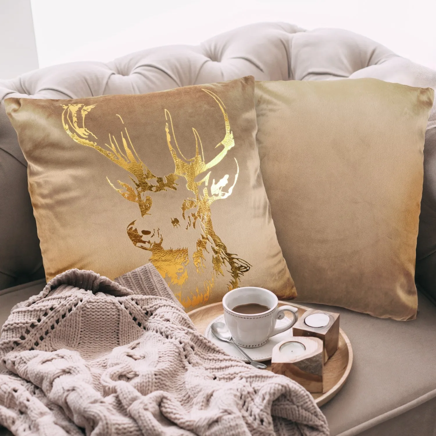 Square Cushion Cover Pair with Stag - Natural, Velvet