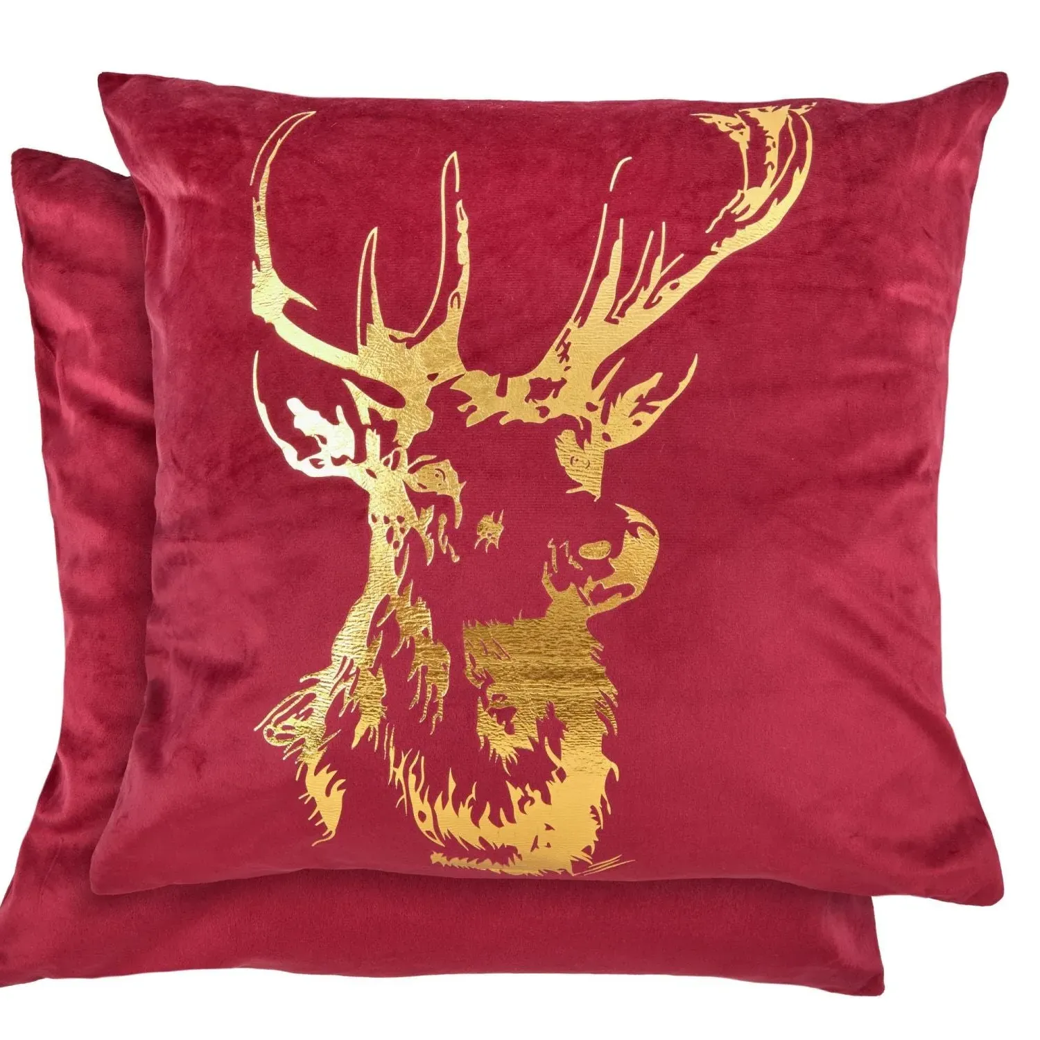 Square Cushion Cover Pair with Stag - Red, Velvet