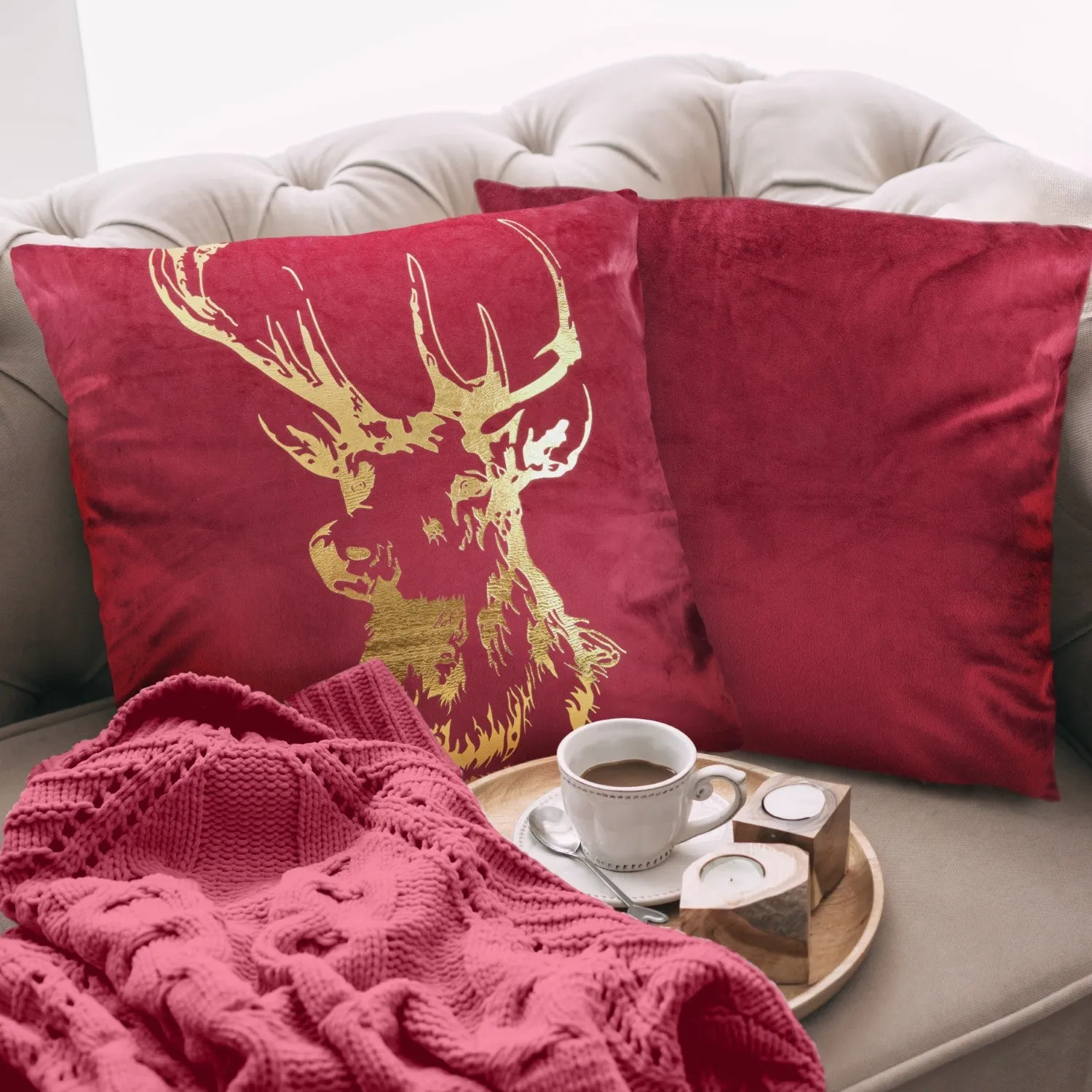 Square Cushion Cover Pair with Stag - Red, Velvet