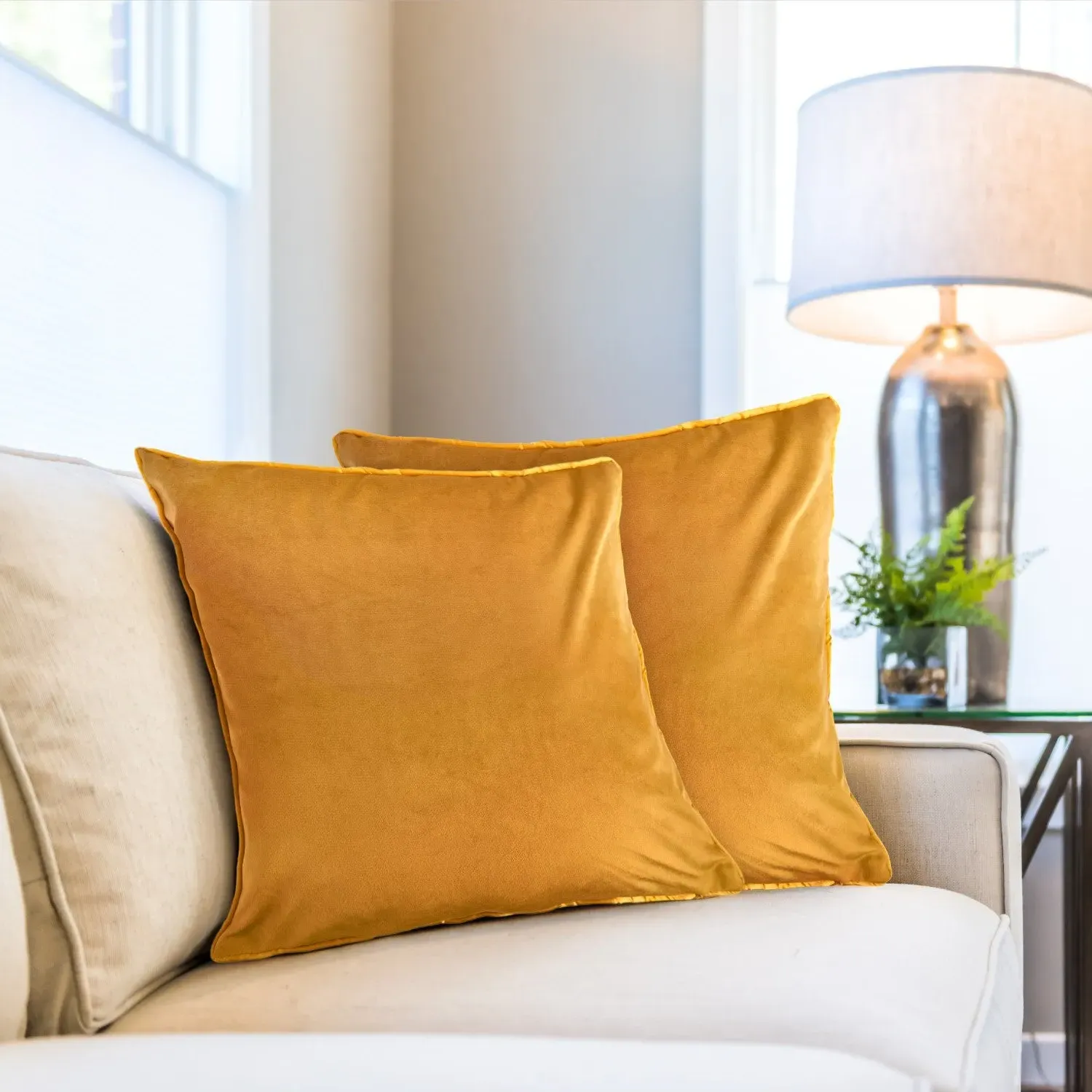 Square Cushion Cover Pair - Yellow, Velvet