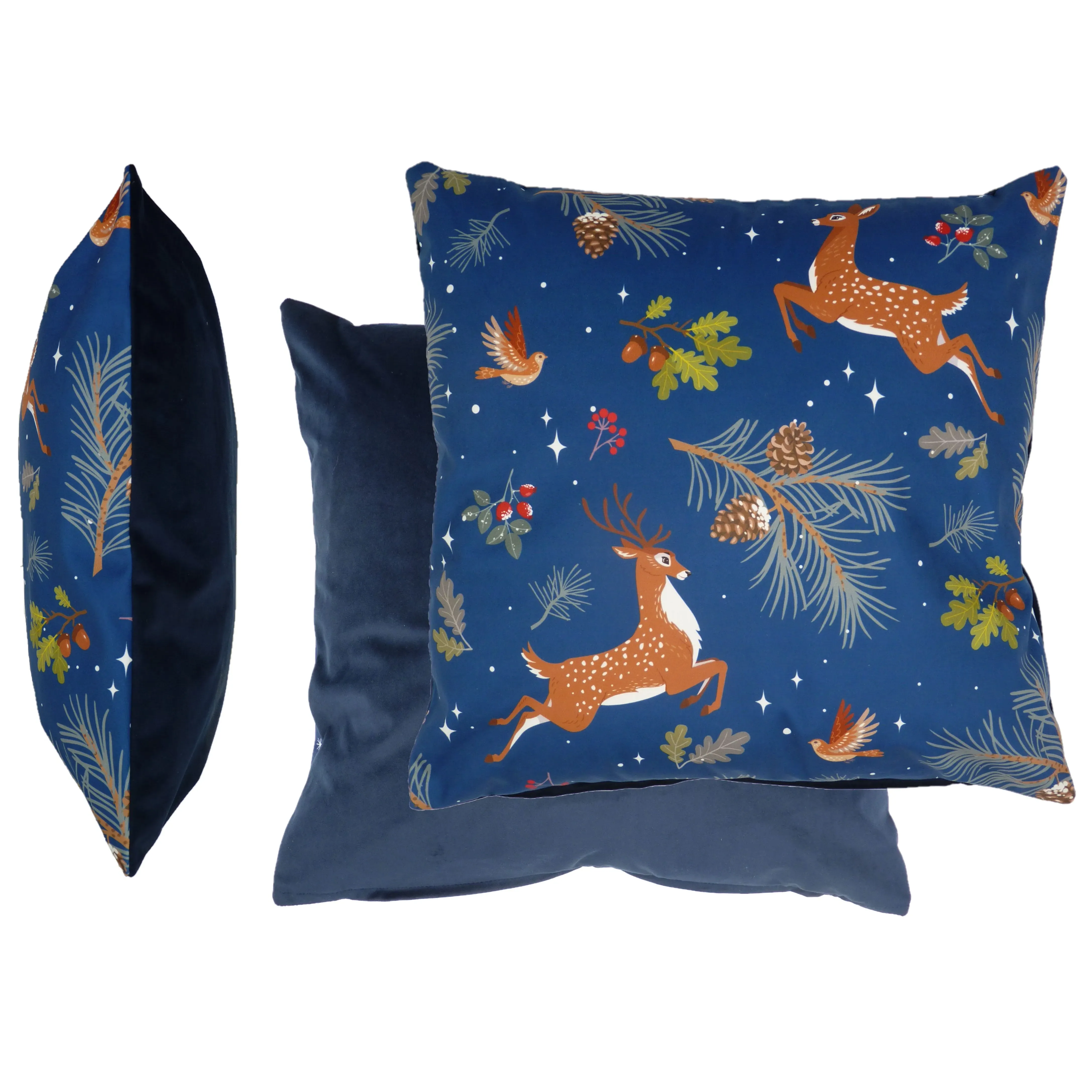 Square Cushion Cover with Deer Print - Blue, Velvet