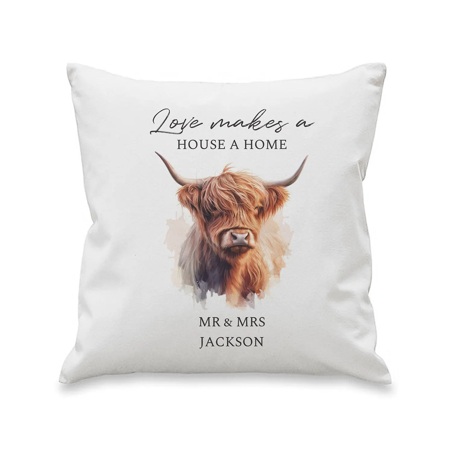 Square Cushion Highland Cow Personalised - White