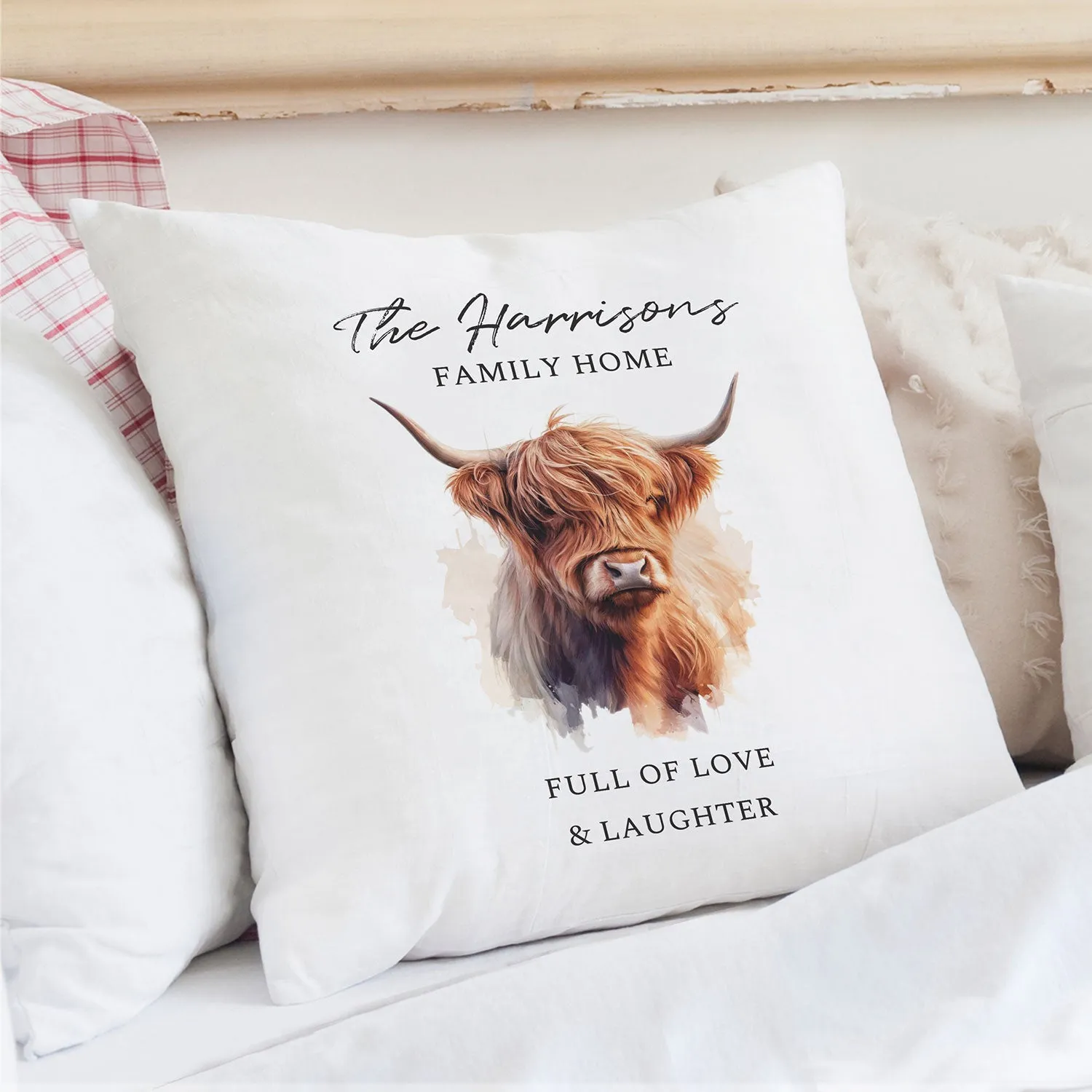 Square Cushion Highland Cow Personalised - White