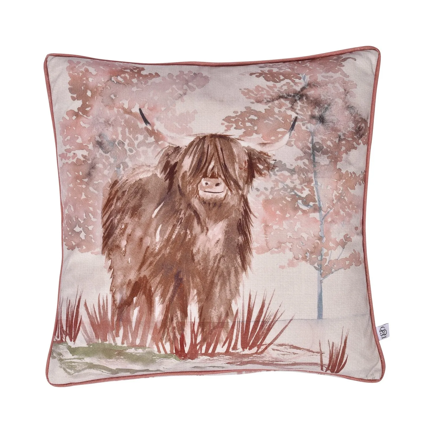 Square Cushion Highland Cow Print - Red, Fabric