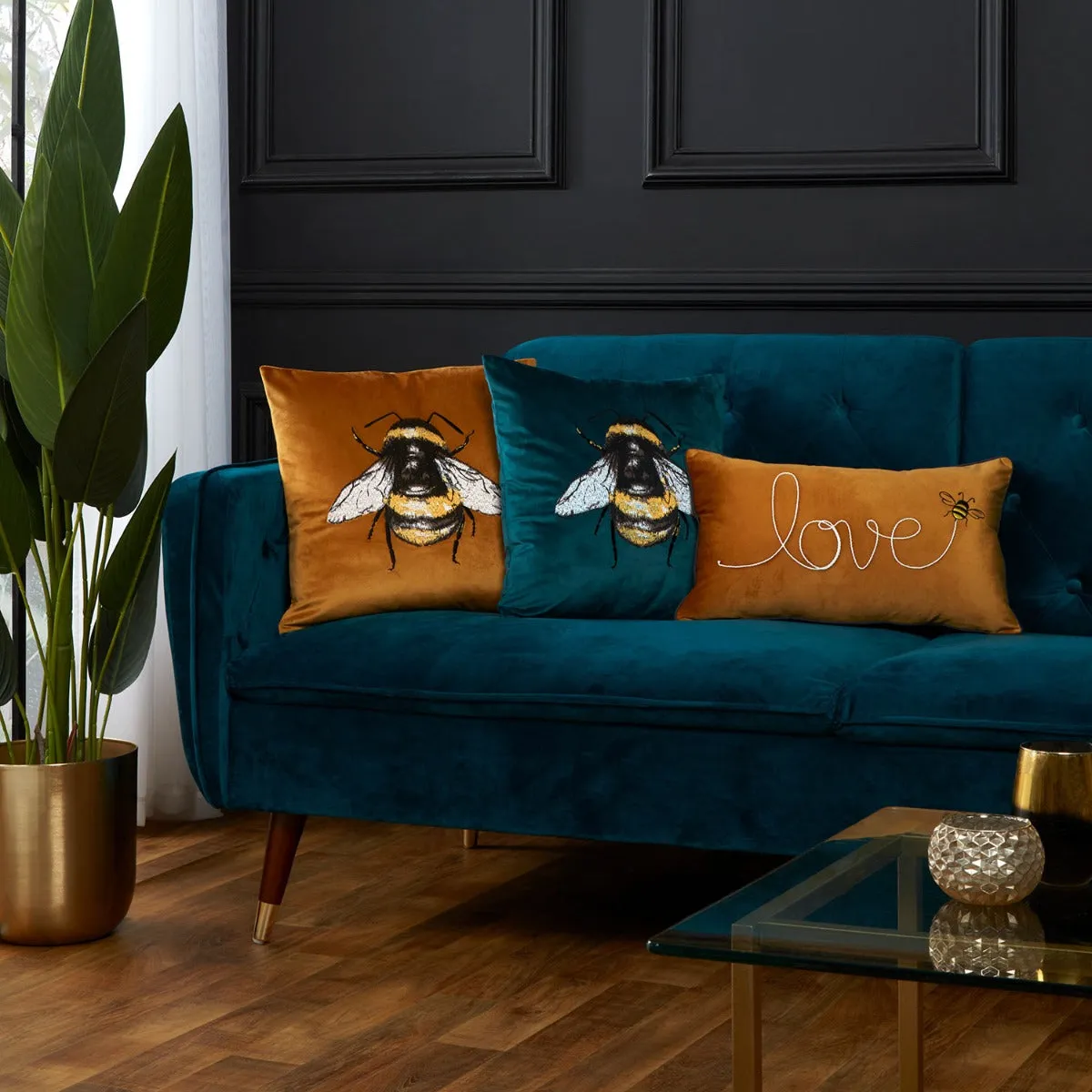 Square Cushion with Embroidery - Yellow, Velvet