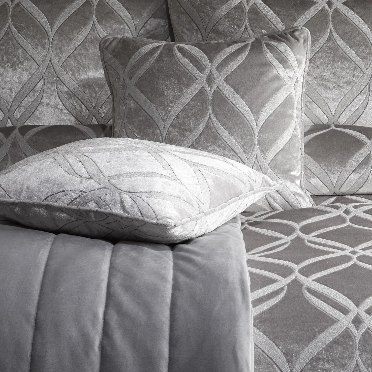 Square Cushion with Ogee Pattern - Grey, Velvet