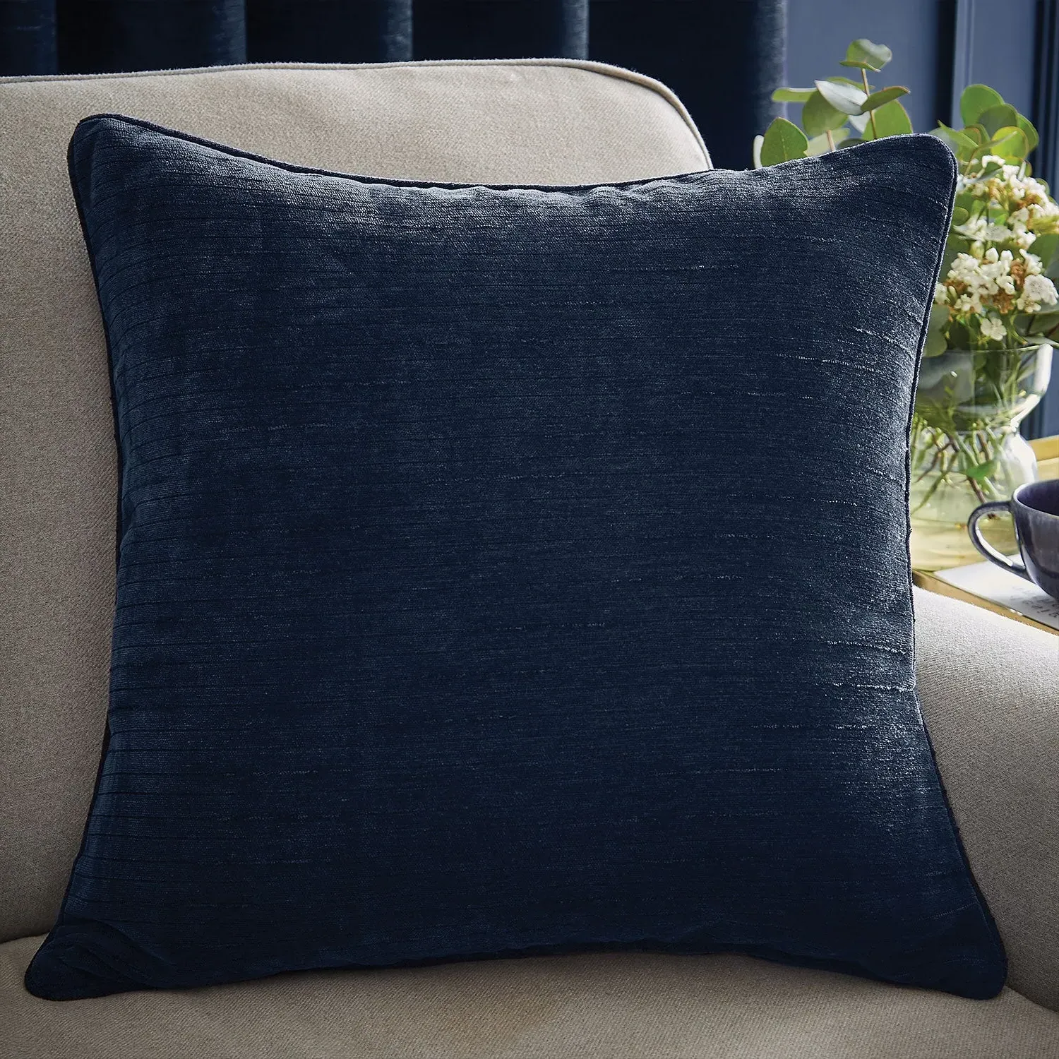 Square Cushion with Piped Edge - Blue, Chenille