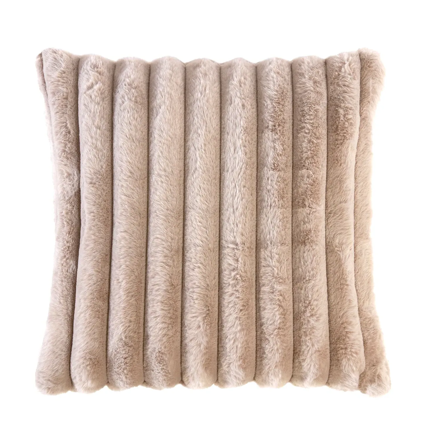 Square Cushion with Ribbed Design - Brown, Faux Fur