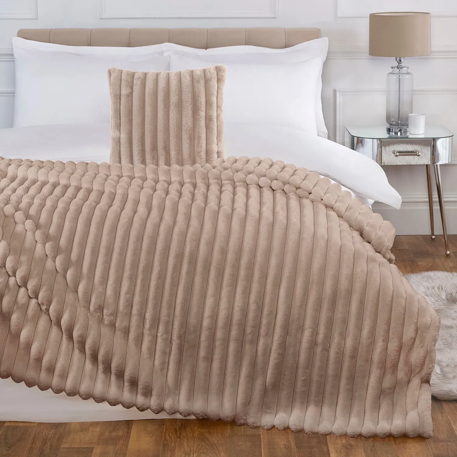 Square Cushion with Ribbed Design - Brown, Faux Fur image