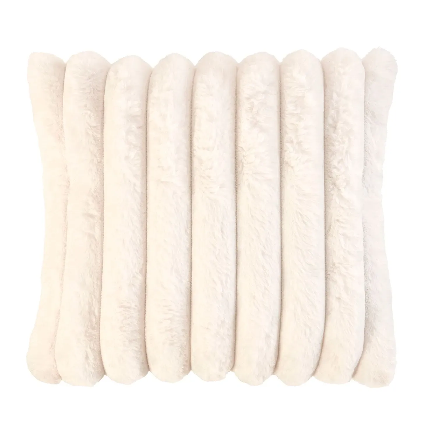 Square Cushion with Ribbed Design - Cream, Faux Fur