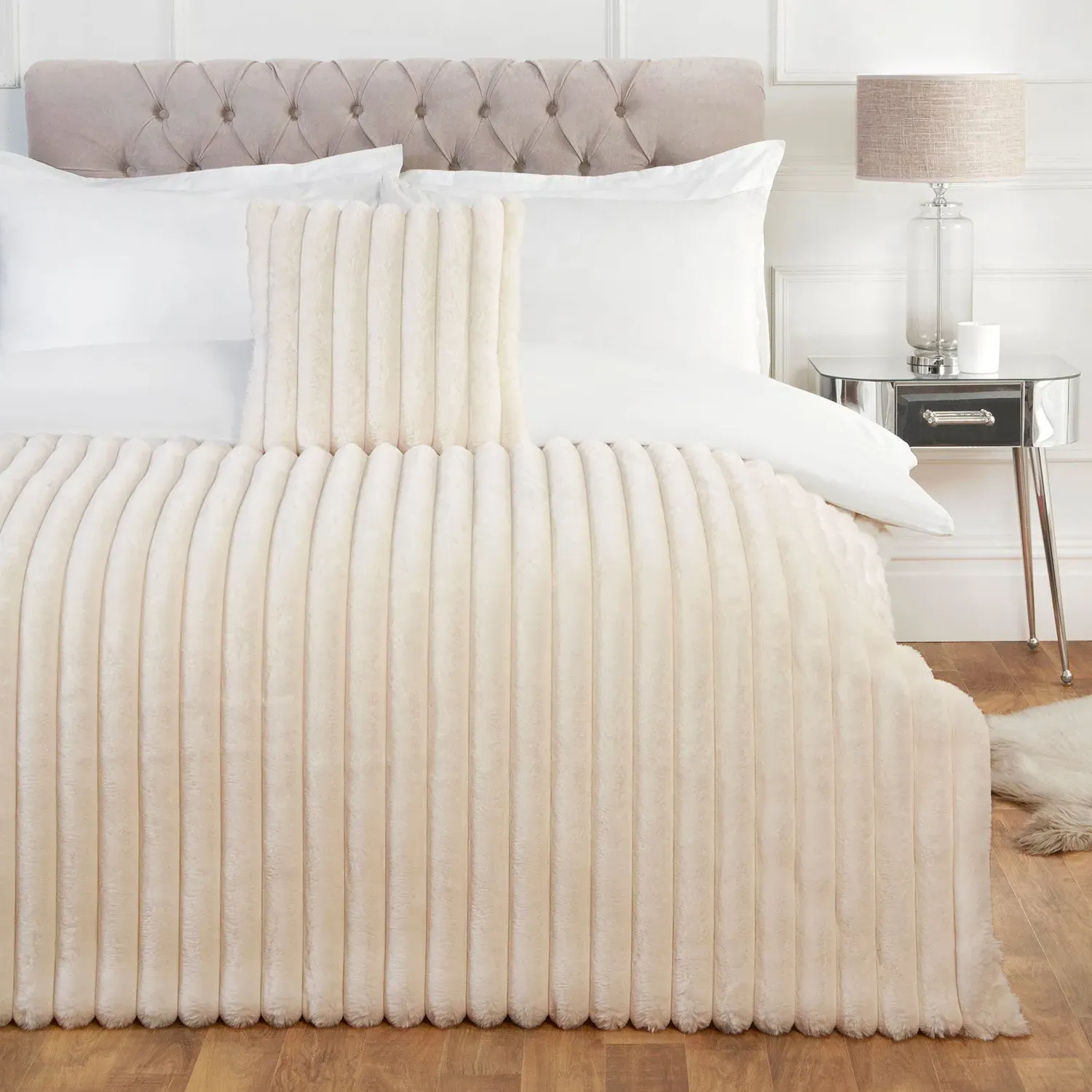 Square Cushion with Ribbed Design - Cream, Faux Fur