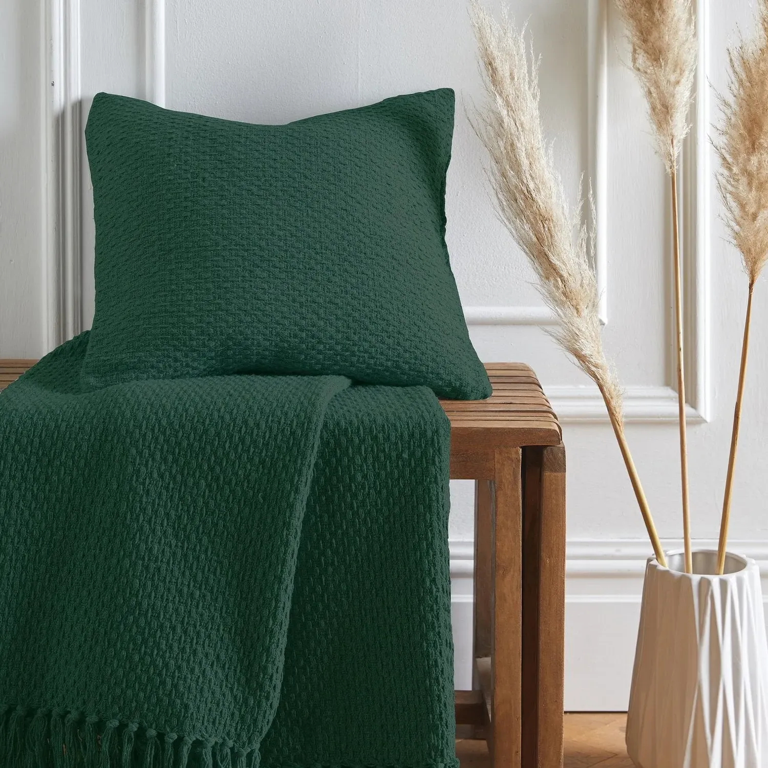 Square Cushion with Textured Weave - Green, Cotton