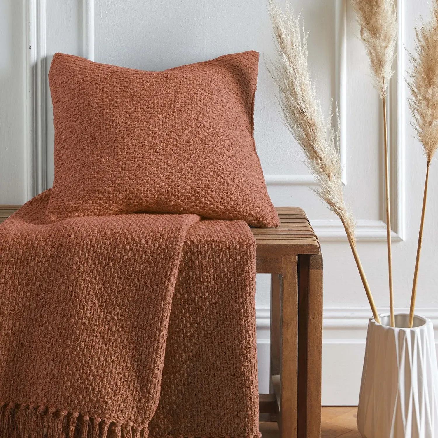 Square Cushion with Textured Weave - Terracotta, Cotton