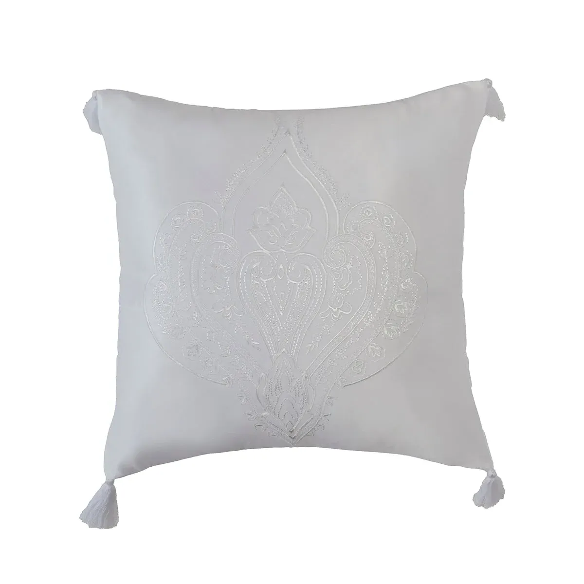 Square Embroidered Cushion - White, Matt Satin