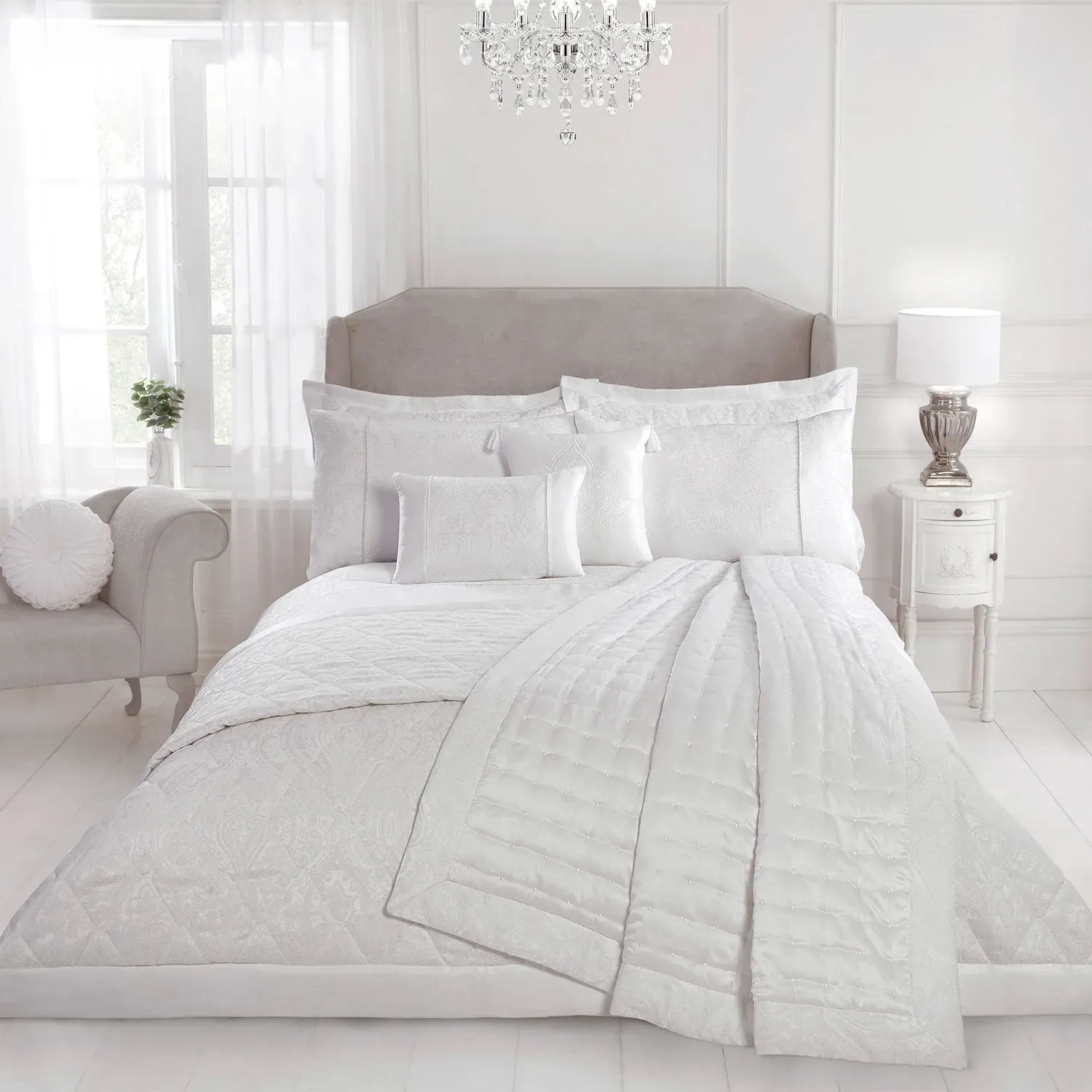 Square Embroidered Cushion - White, Matt Satin