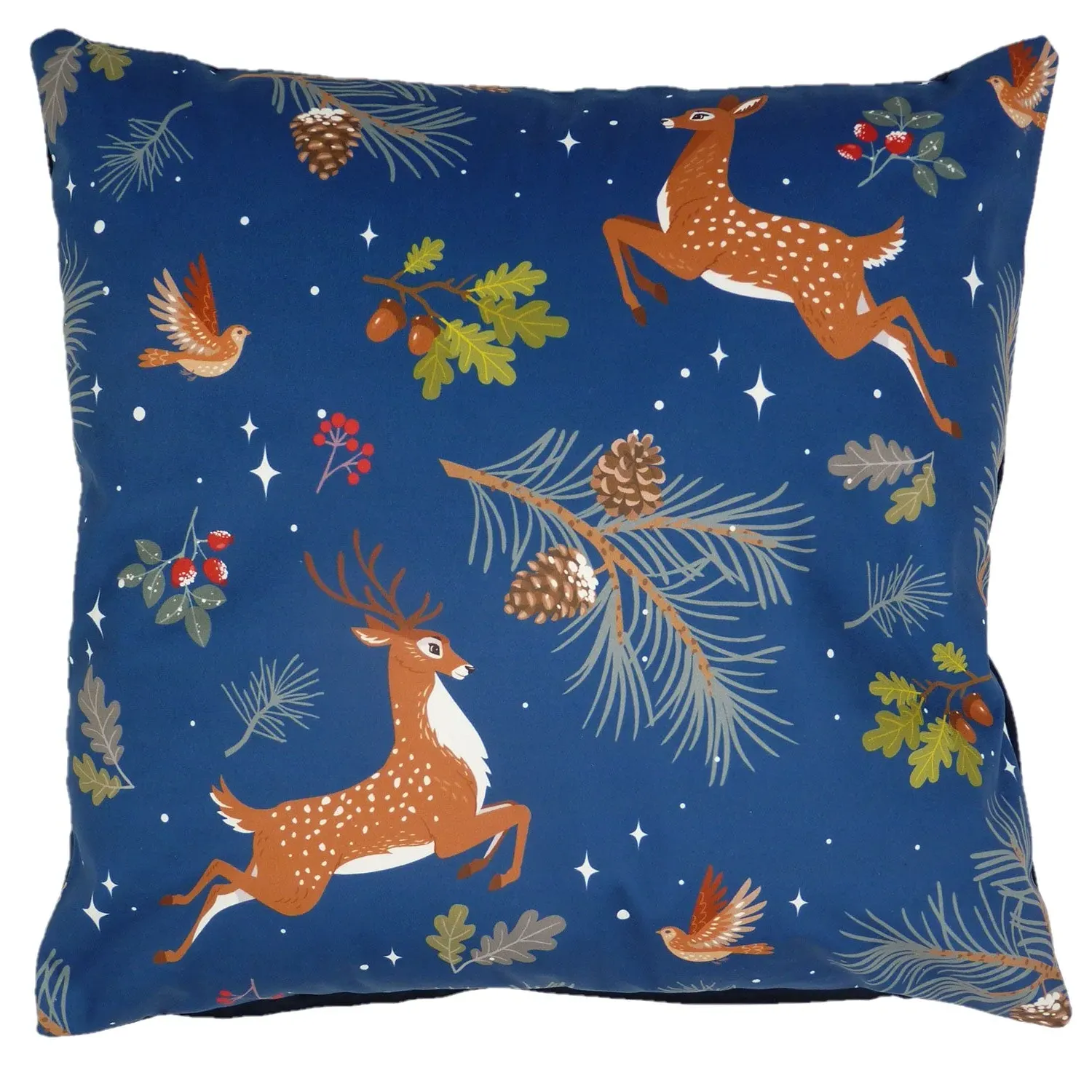 Square Filled Cushion with Deer Print - Blue, Velvet